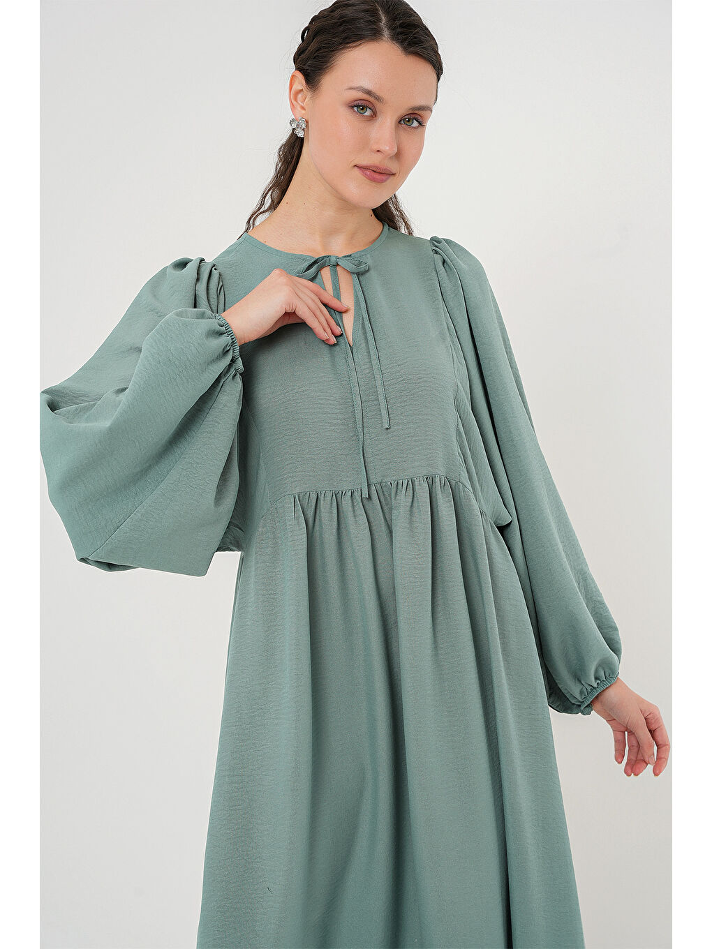 Yeşil Kadın Balon Kol Uzun Tesettür Elbise 2464 - Çağla-2