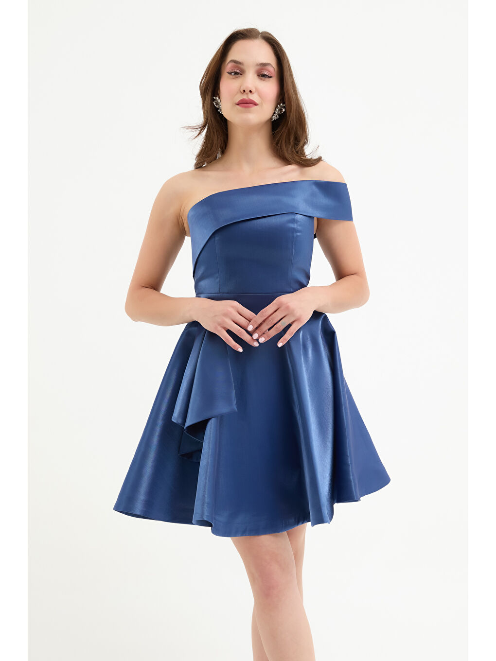 Kadın İndigo Yaka Detay Mini Mezuniyet Abiye Elbise-3