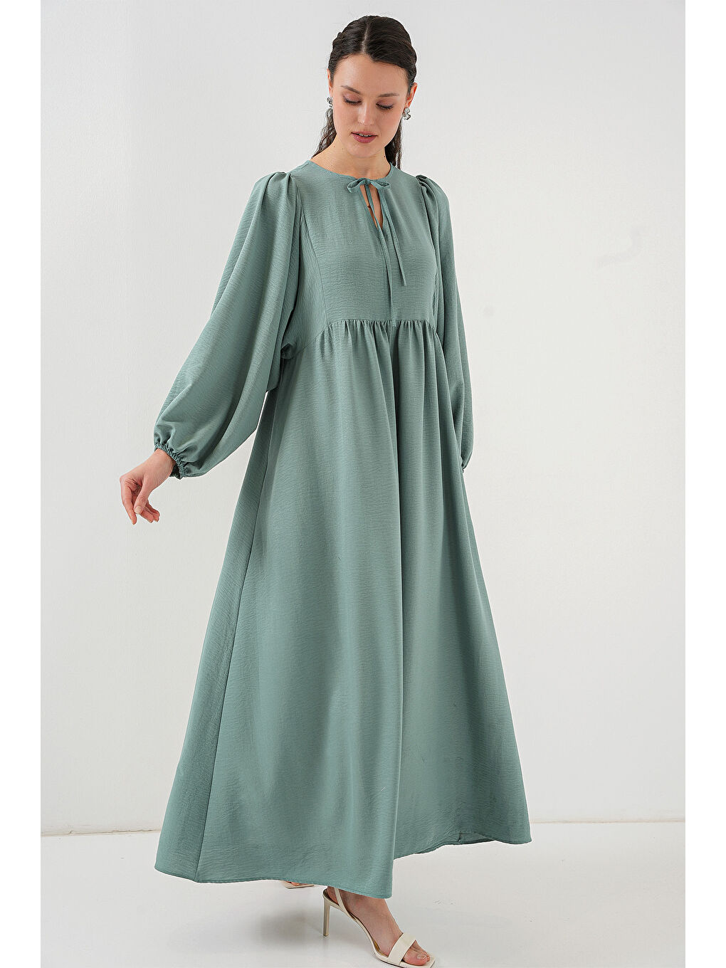 Yeşil Kadın Balon Kol Uzun Tesettür Elbise 2464 - Çağla-3