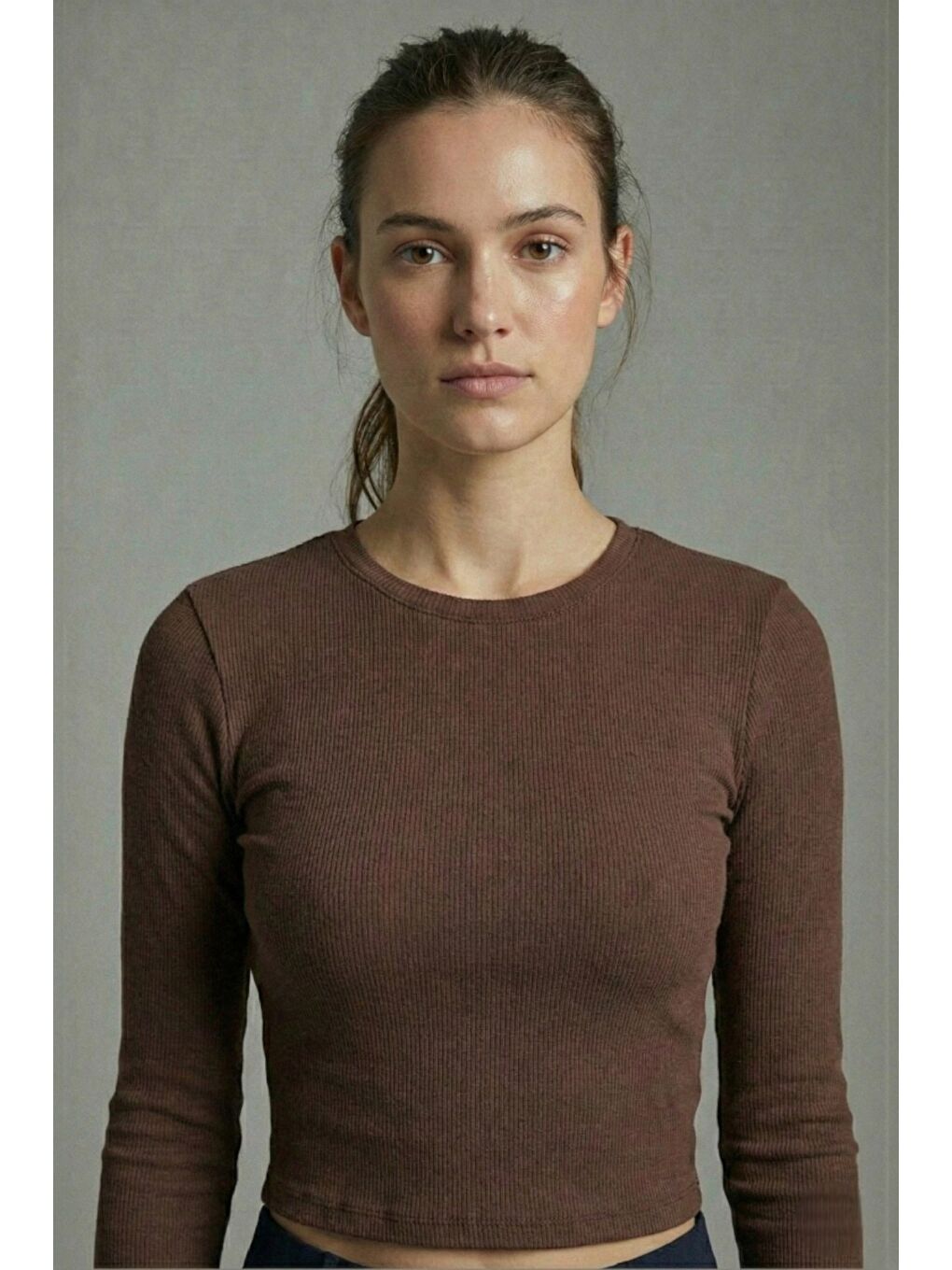 Kahverengi Premium Yumuşak Dokulu Esnek Örme Bisiklet Yaka Crop Bluz-4