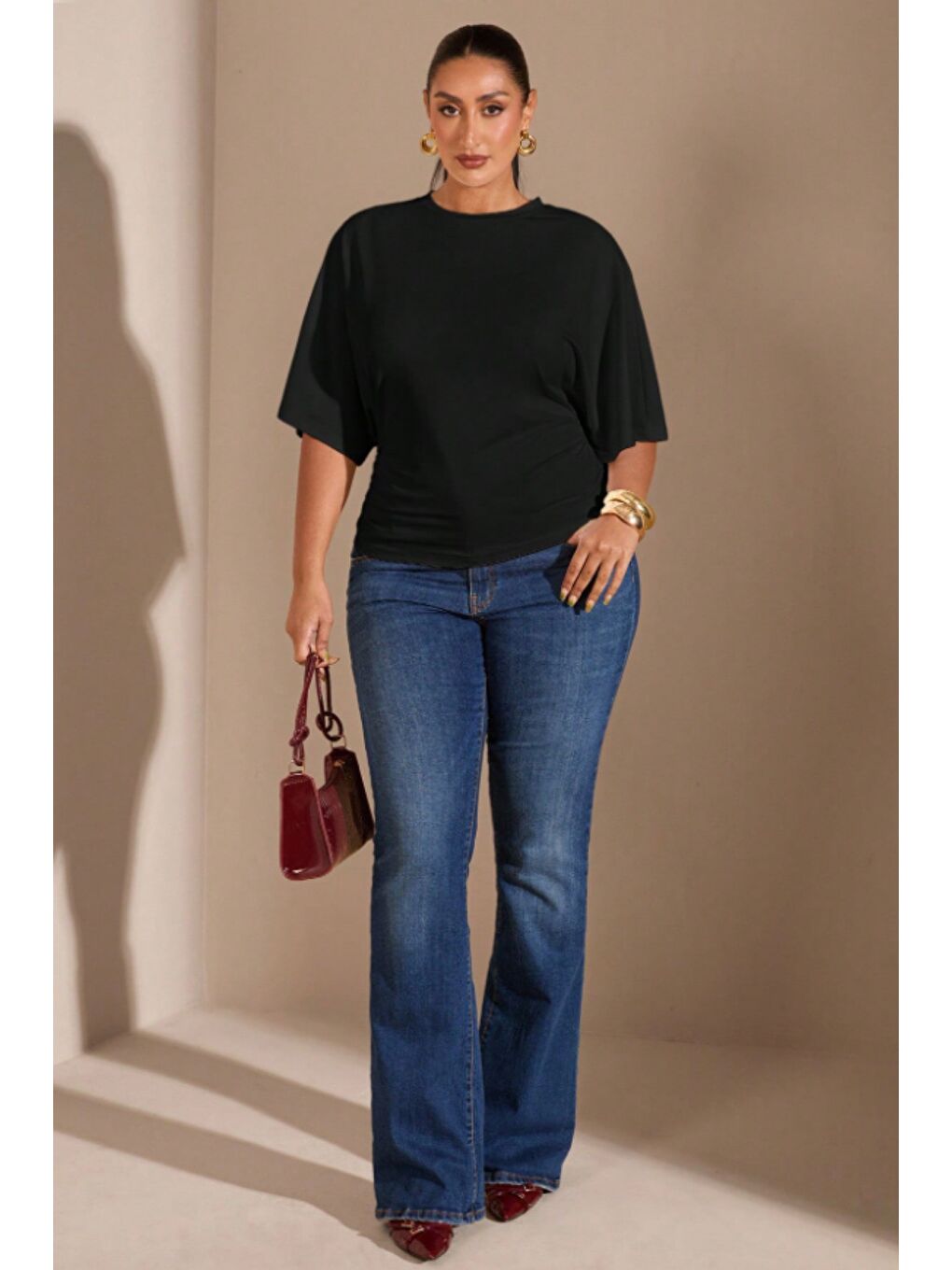 Siyah Büyük Beden Günlük Düz Renk Büzgülü Bel Geniş Kollu T-Shirt-1