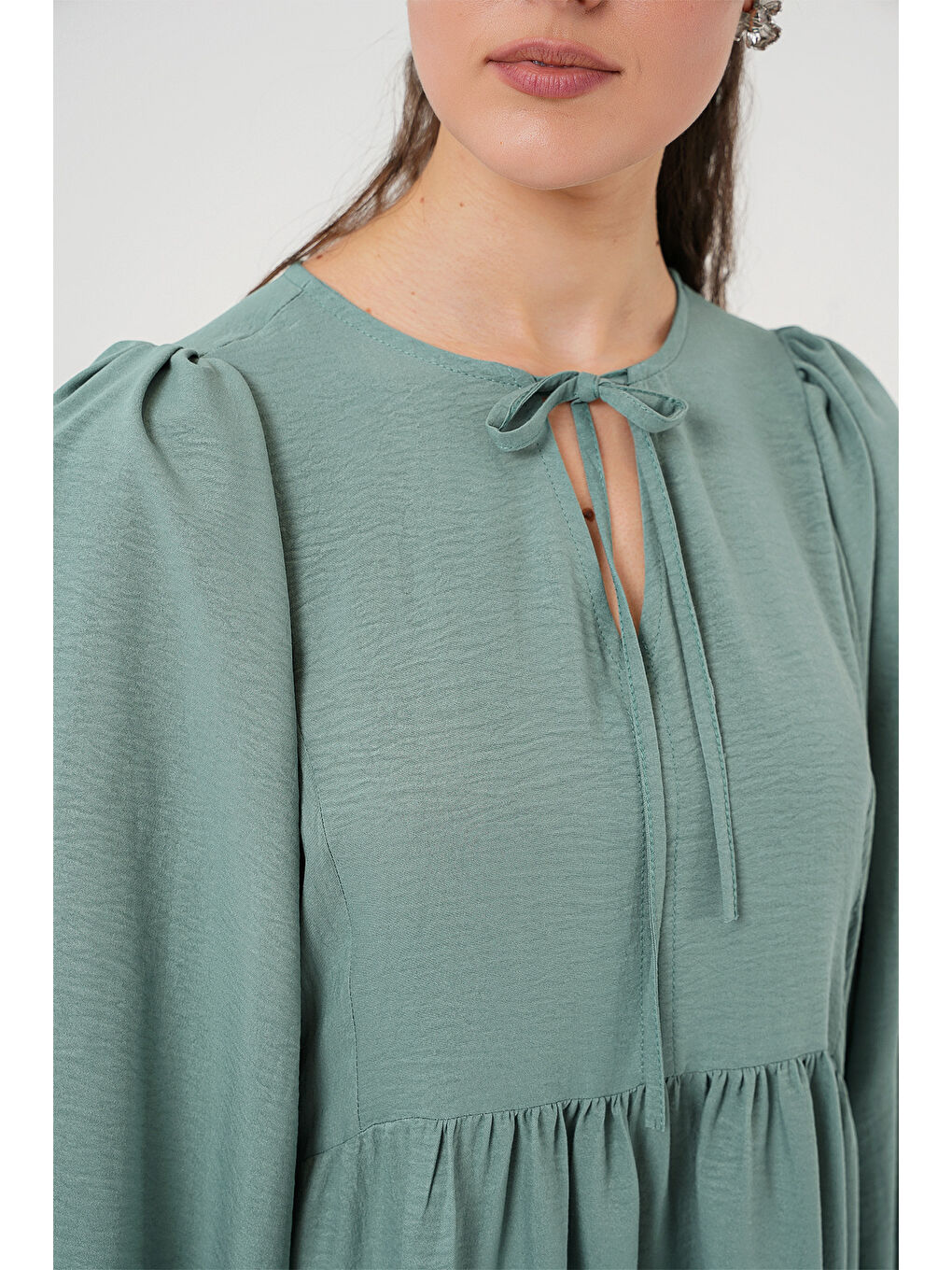 Yeşil Kadın Balon Kol Uzun Tesettür Elbise 2464 - Çağla-4