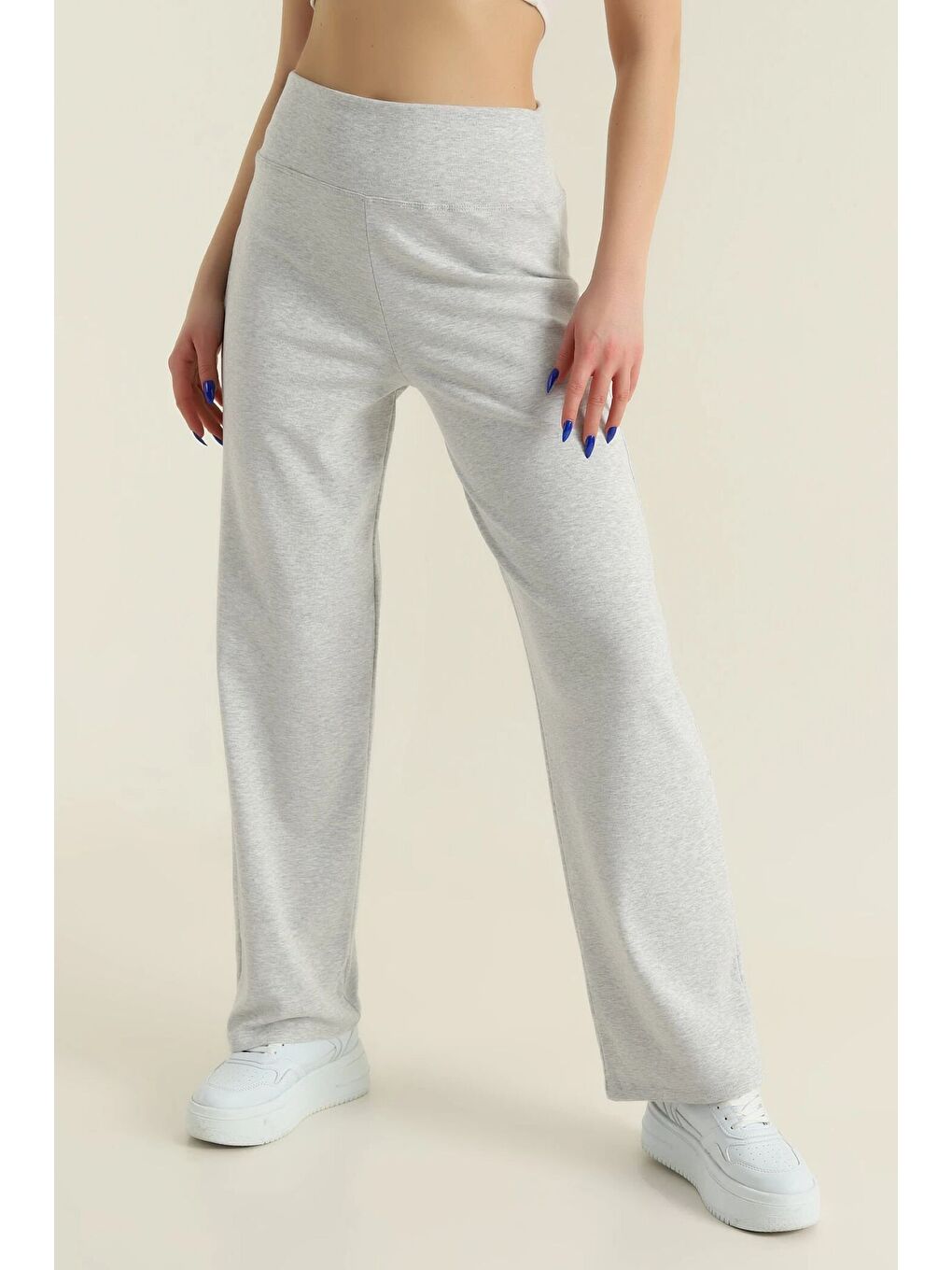 Gri Kadın Ekstra Yüksek Bel Toparlayıcı Düz Paça Ribana Kumaş Esnek Spor Rahat Günlük Tayt-1