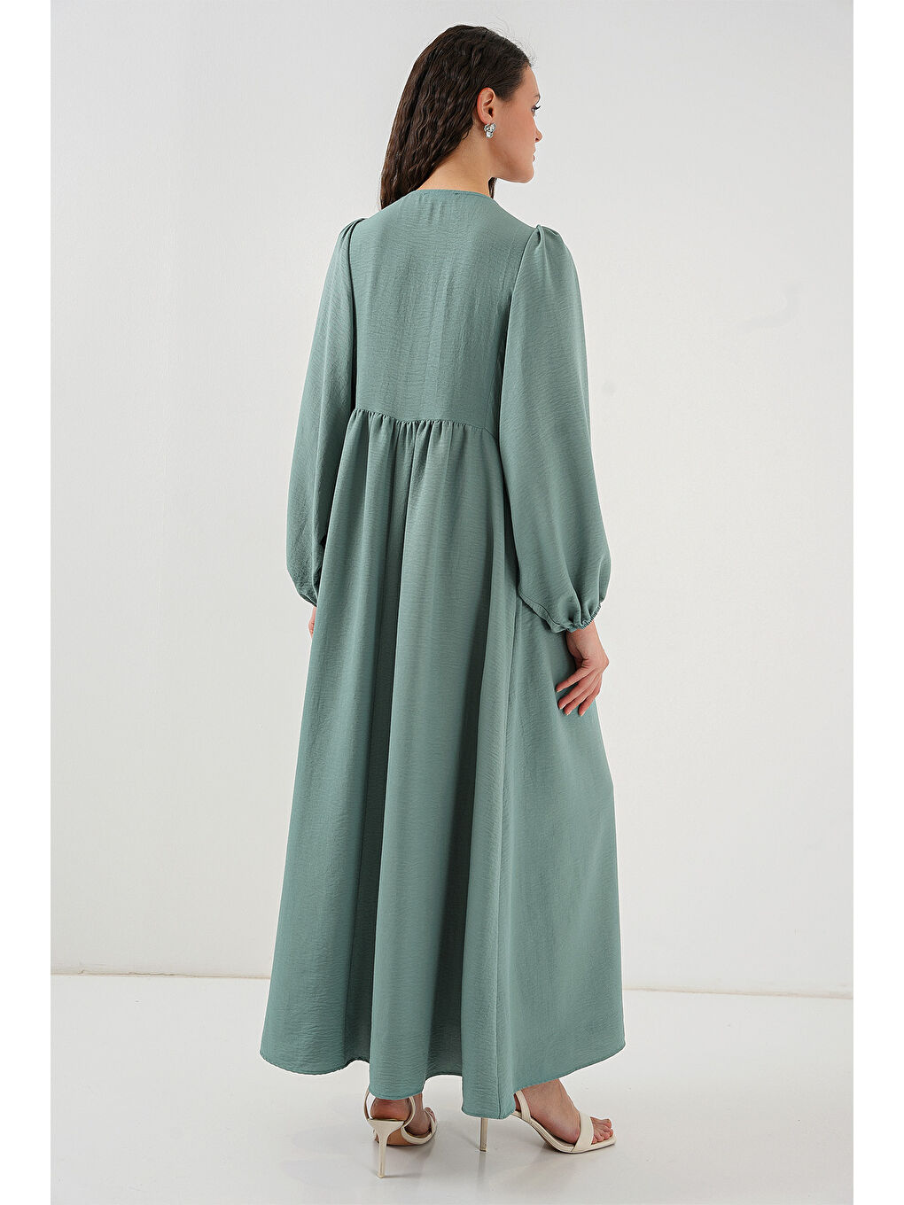 Yeşil Kadın Balon Kol Uzun Tesettür Elbise 2464 - Çağla-5