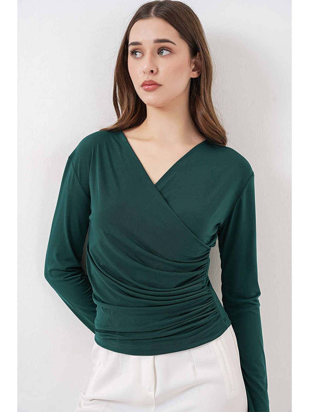 939 Anvelop Yaka Sandy Bluz - Zümrüt Yeşili-4