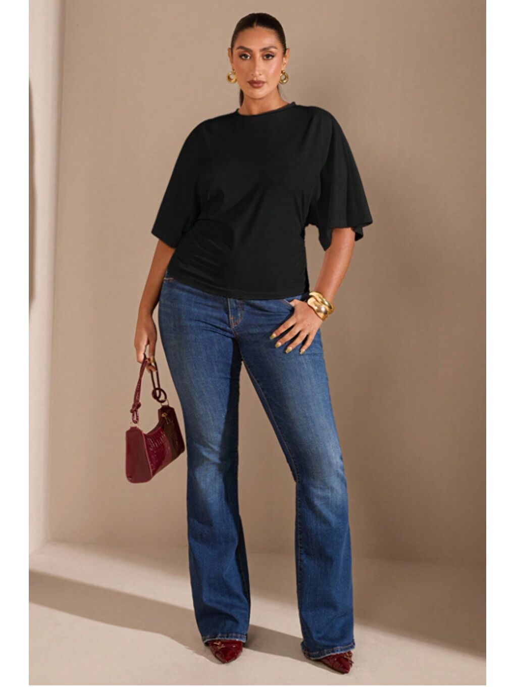 Siyah Büyük Beden Günlük Düz Renk Büzgülü Bel Geniş Kollu T-Shirt-3