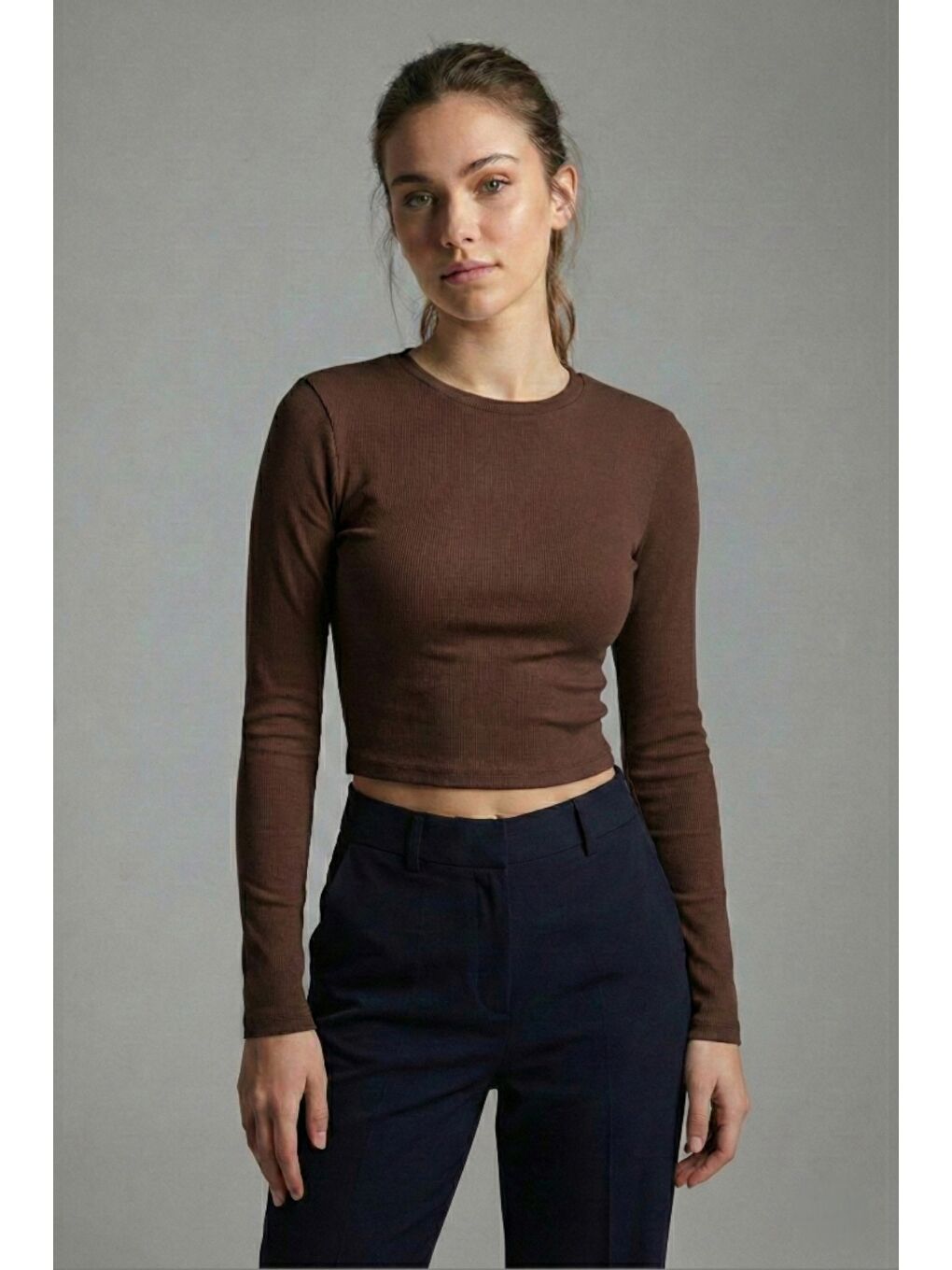 Kahverengi Premium Yumuşak Dokulu Esnek Örme Bisiklet Yaka Crop Bluz-5