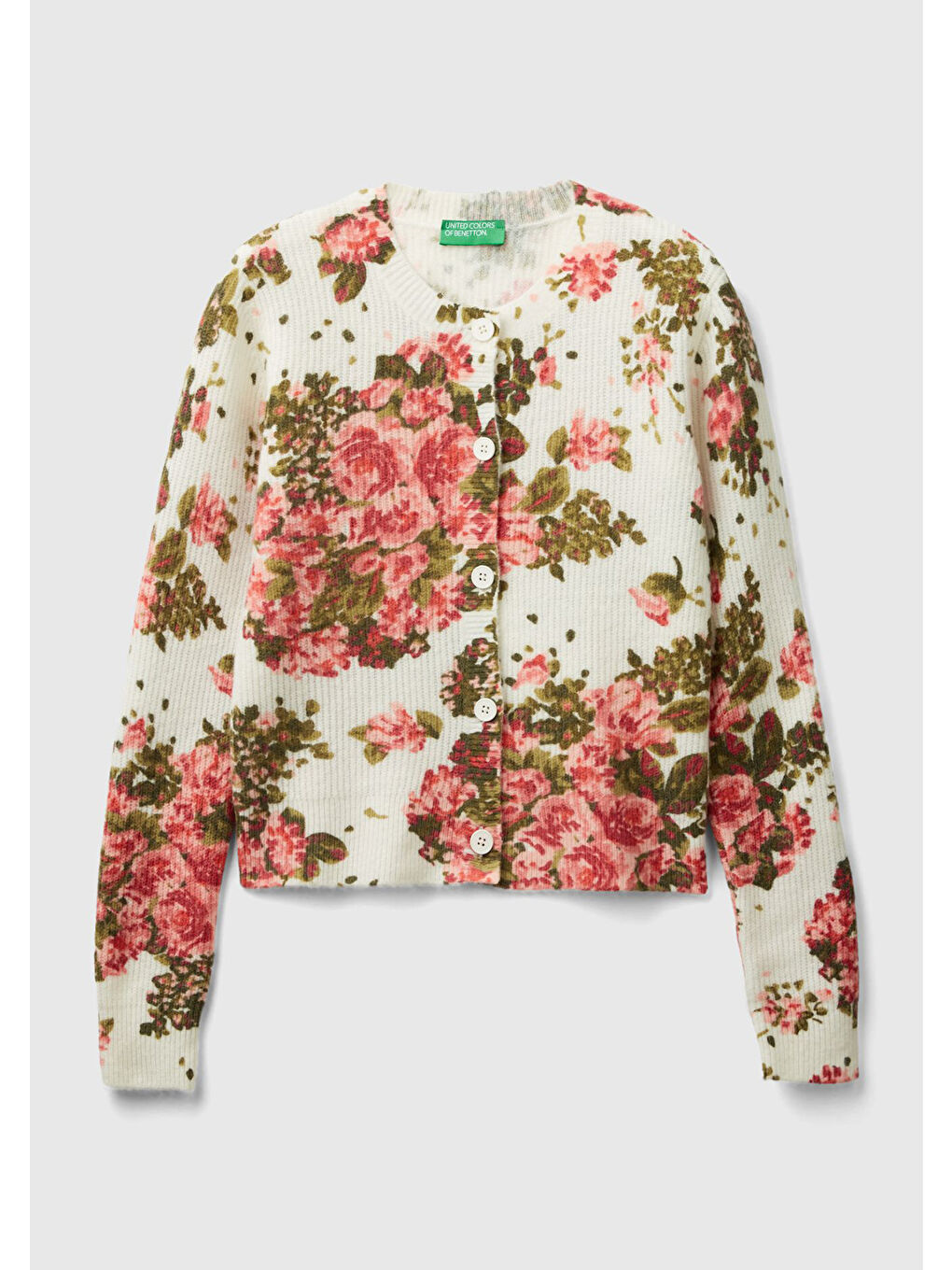 Kadın Beyaz Yün Karışımlı Tamamı Çiçek Desenli Bisiklet Yaka Kısa Hırka-2