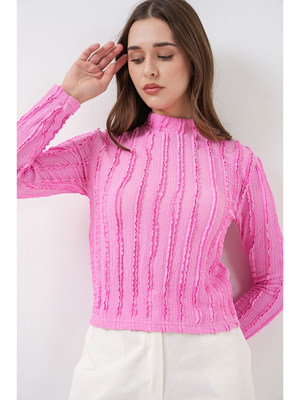 Kadın Dokulu Esnek Örme Bluz 975 - Pembe-1