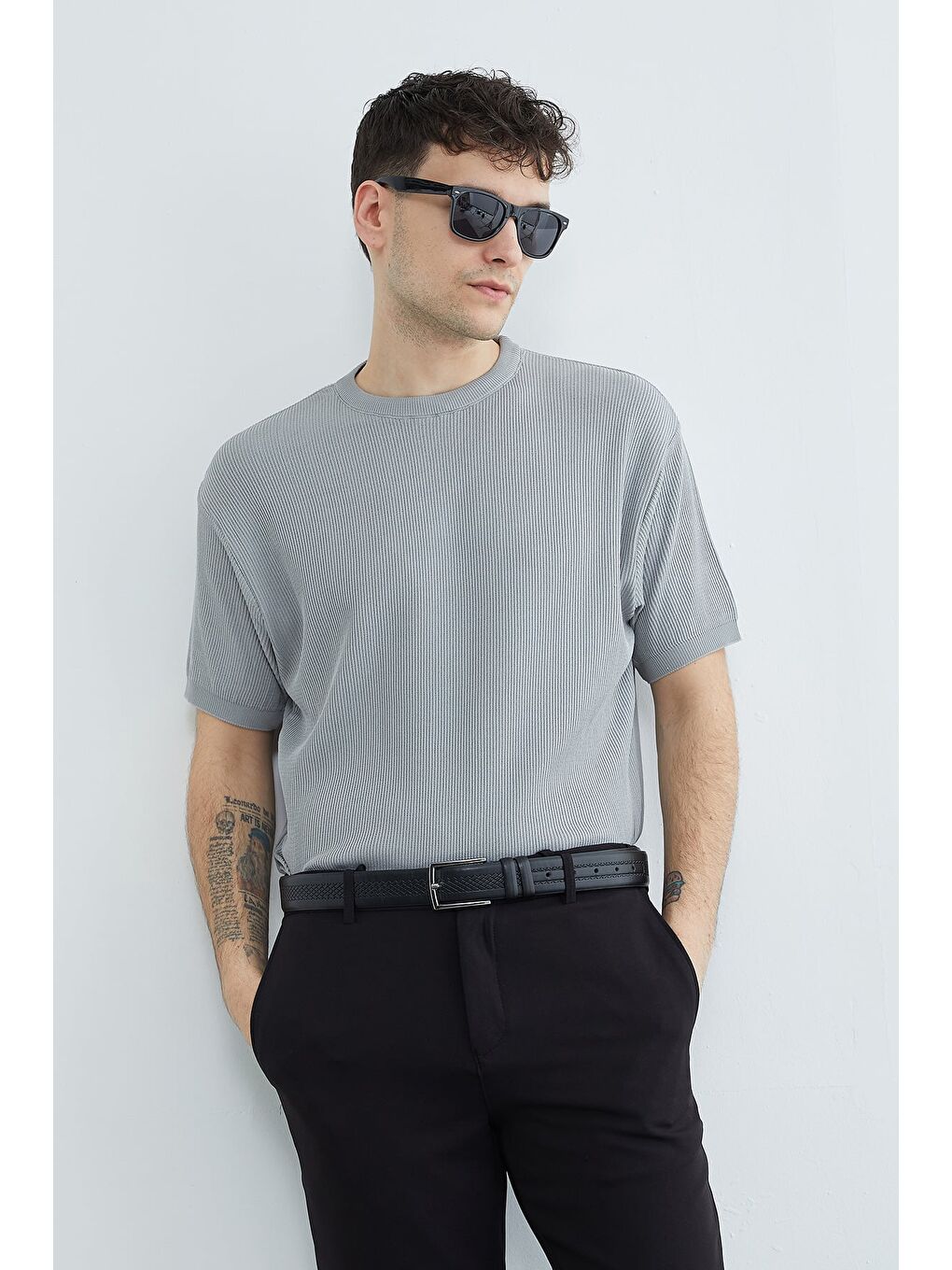 Gri Selanik Örgüsü Desenli Triko Tişört