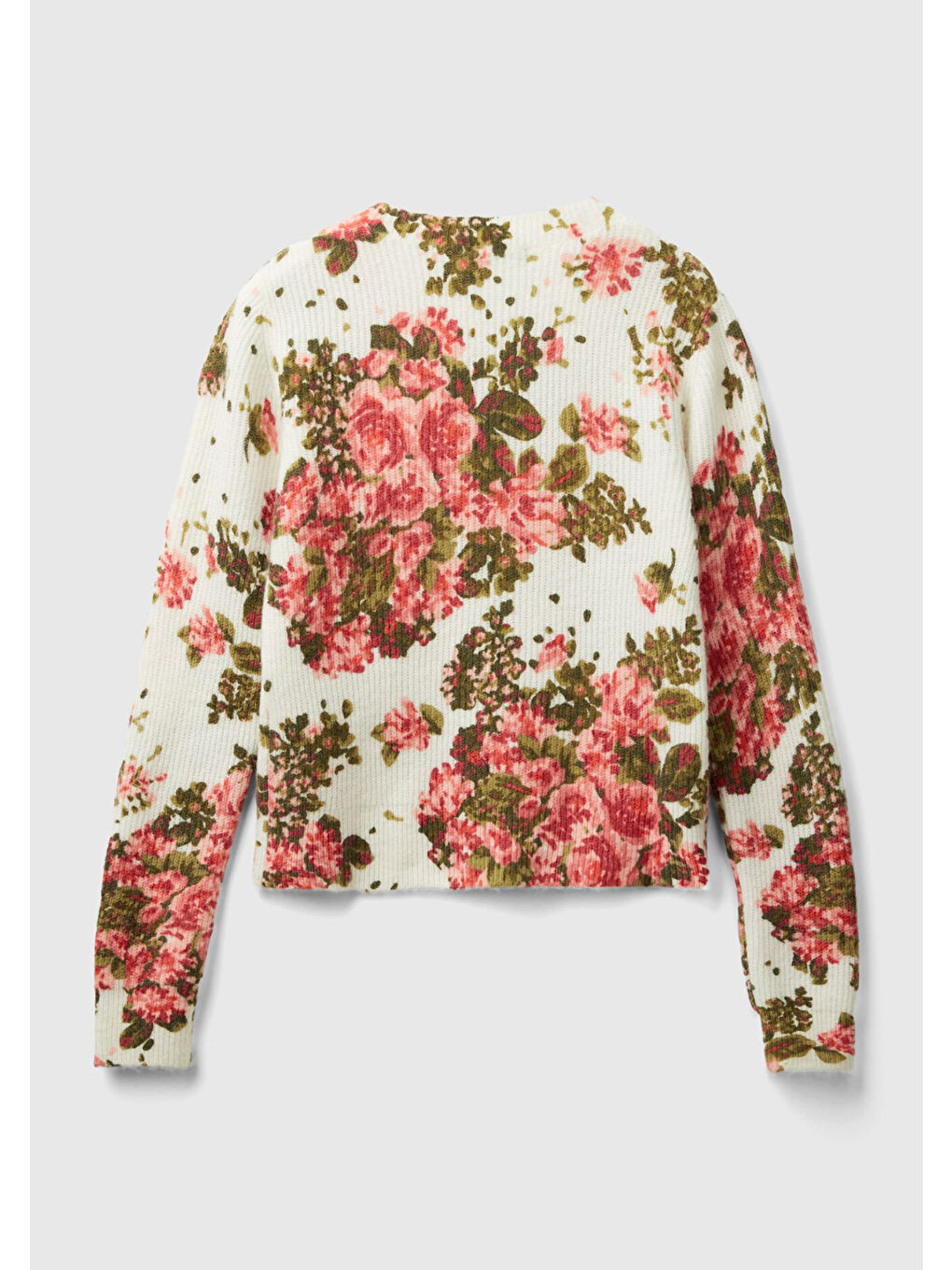 Kadın Beyaz Yün Karışımlı Tamamı Çiçek Desenli Bisiklet Yaka Kısa Hırka-4