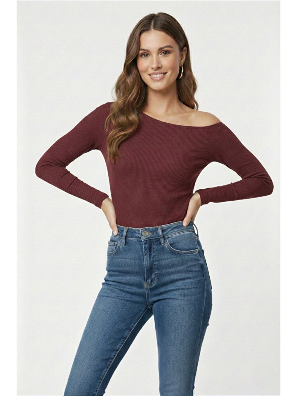 Bordo Premium Soft Seri Vücuda Oturan Kayık Yaka Örme Bluz