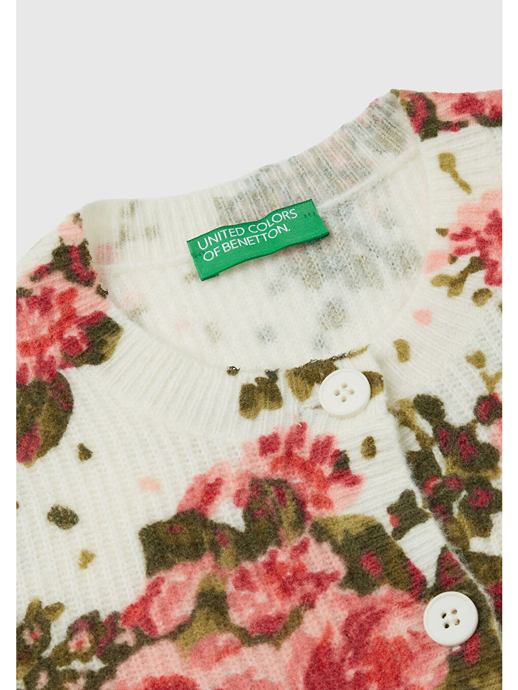 Kadın Beyaz Yün Karışımlı Tamamı Çiçek Desenli Bisiklet Yaka Kısa Hırka-5