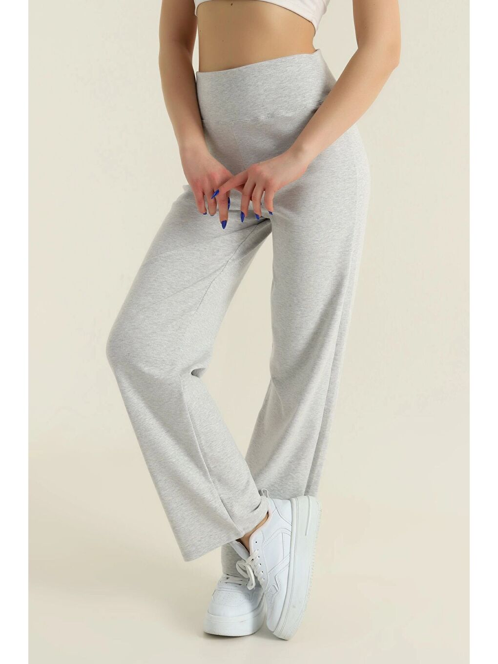 Gri Kadın Ekstra Yüksek Bel Toparlayıcı Düz Paça Ribana Kumaş Esnek Spor Rahat Günlük Tayt-2