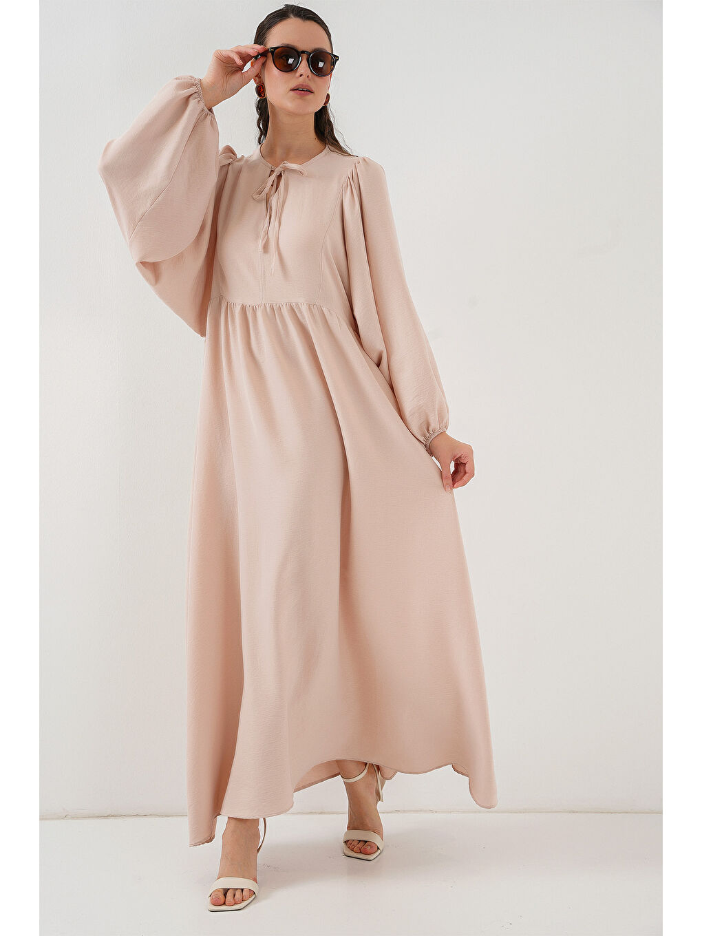 Kadın Balon Kol Uzun Tesettür Elbise 2464 - Bej-1