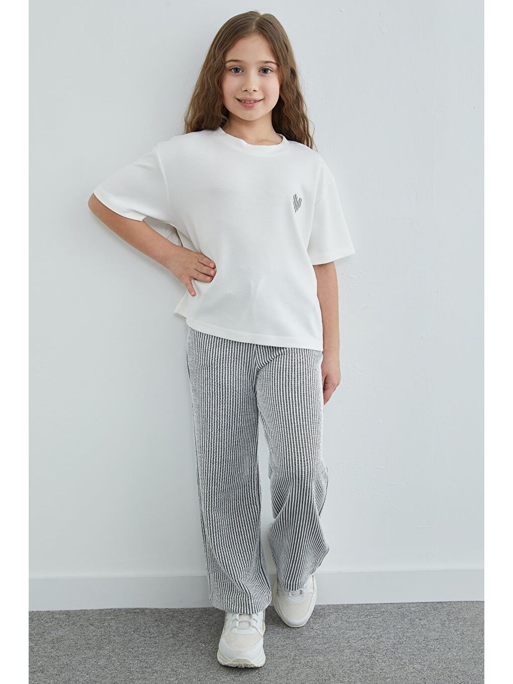 Gri Çizgili Bisiklet Yaka Kız Çocuk 2 Li Takım