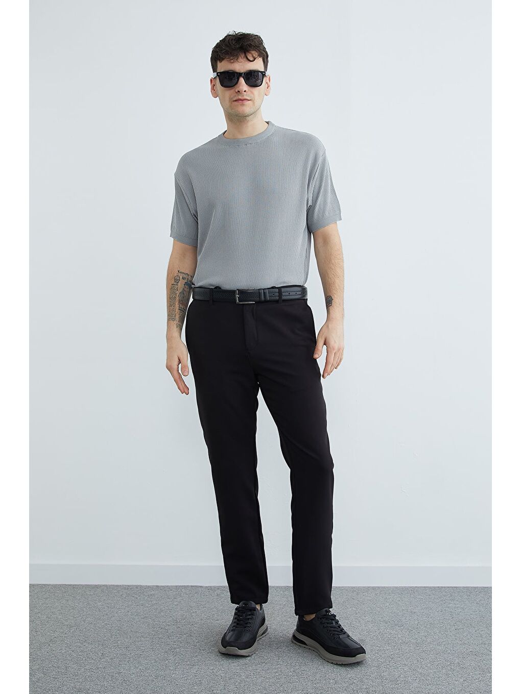 Gri Selanik Örgüsü Desenli Triko Tişört-3