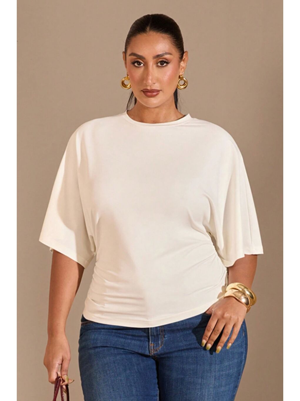 Beyaz Büyük Beden Günlük Düz Renk Büzgülü Bel Geniş Kollu T-Shirt