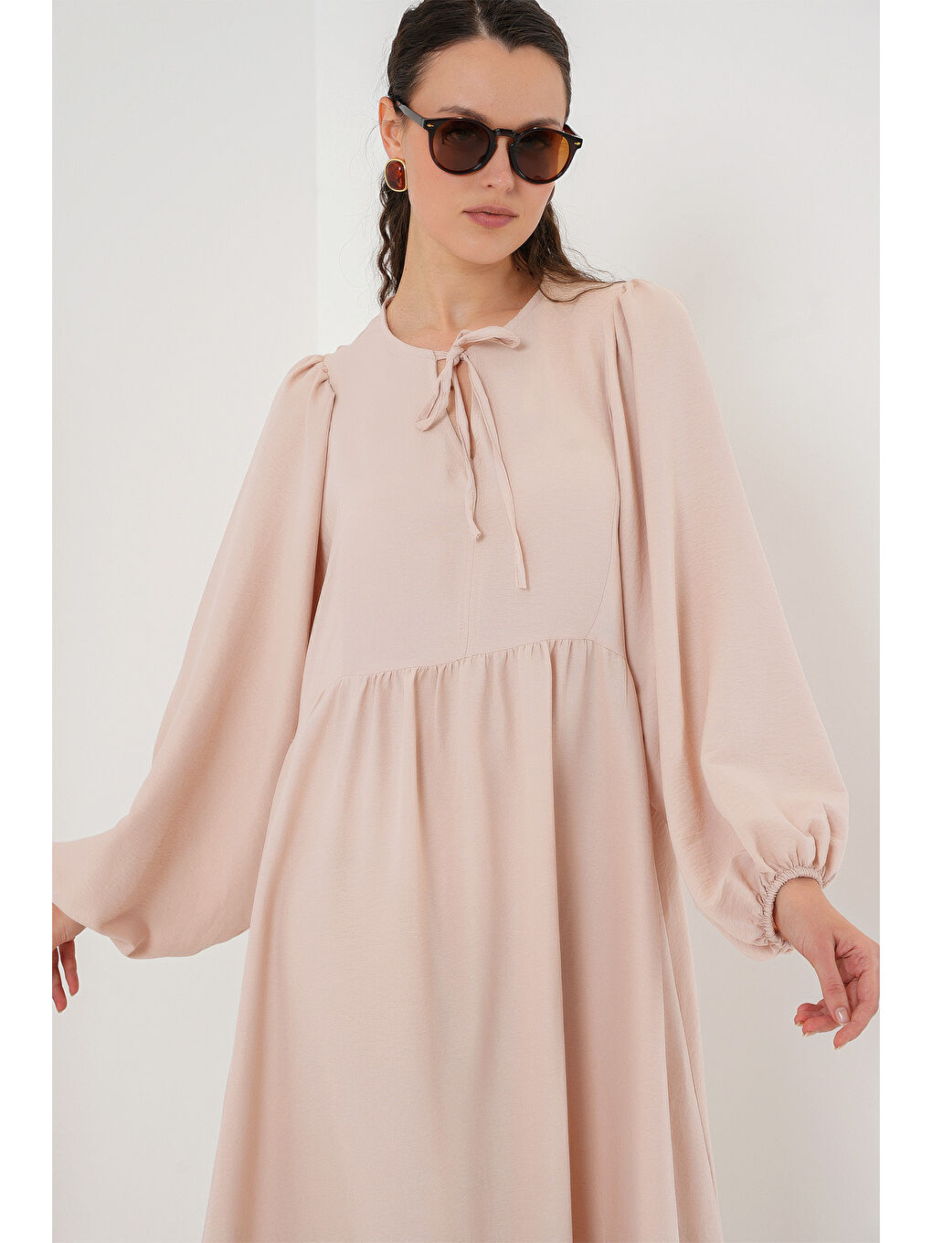 Kadın Balon Kol Uzun Tesettür Elbise 2464 - Bej-3