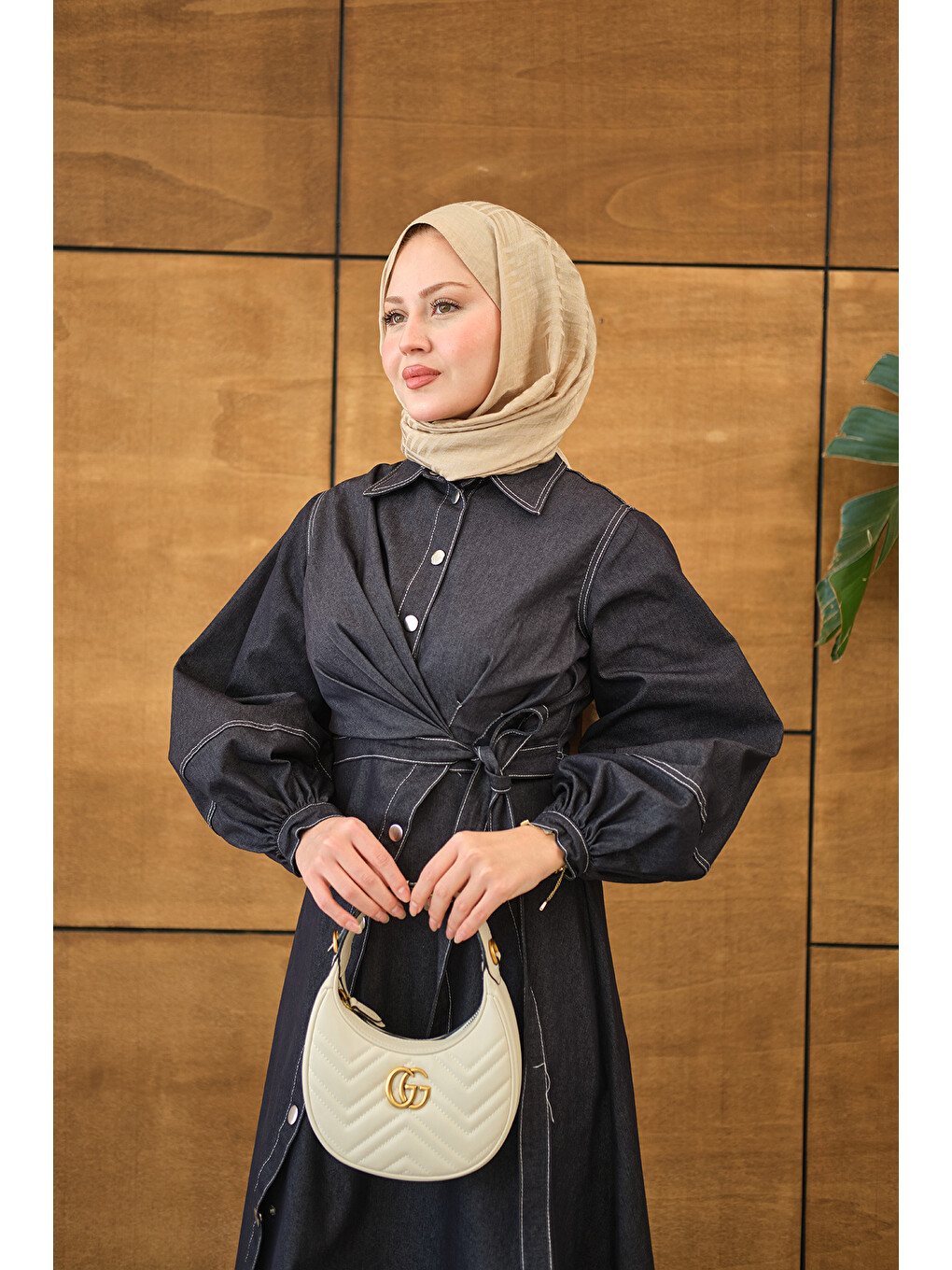 Kadın Çıtçıtlı Dikiş İz Detay Yandan Bağlamalı Jean Elbise Lacivert-2