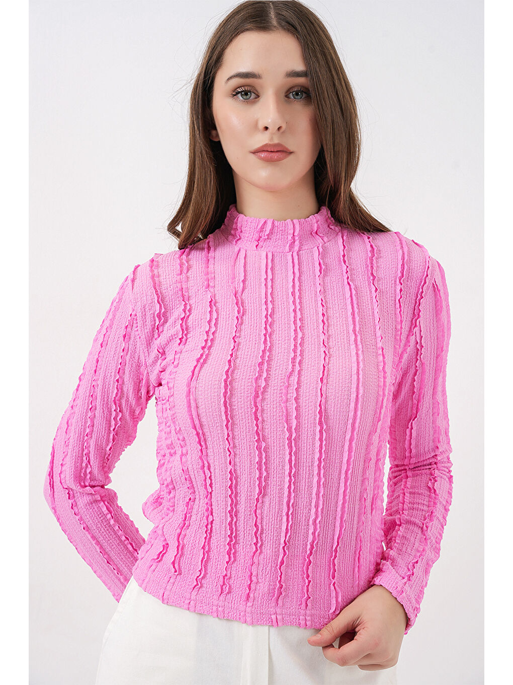 Kadın Dokulu Esnek Örme Bluz 975 - Pembe-2