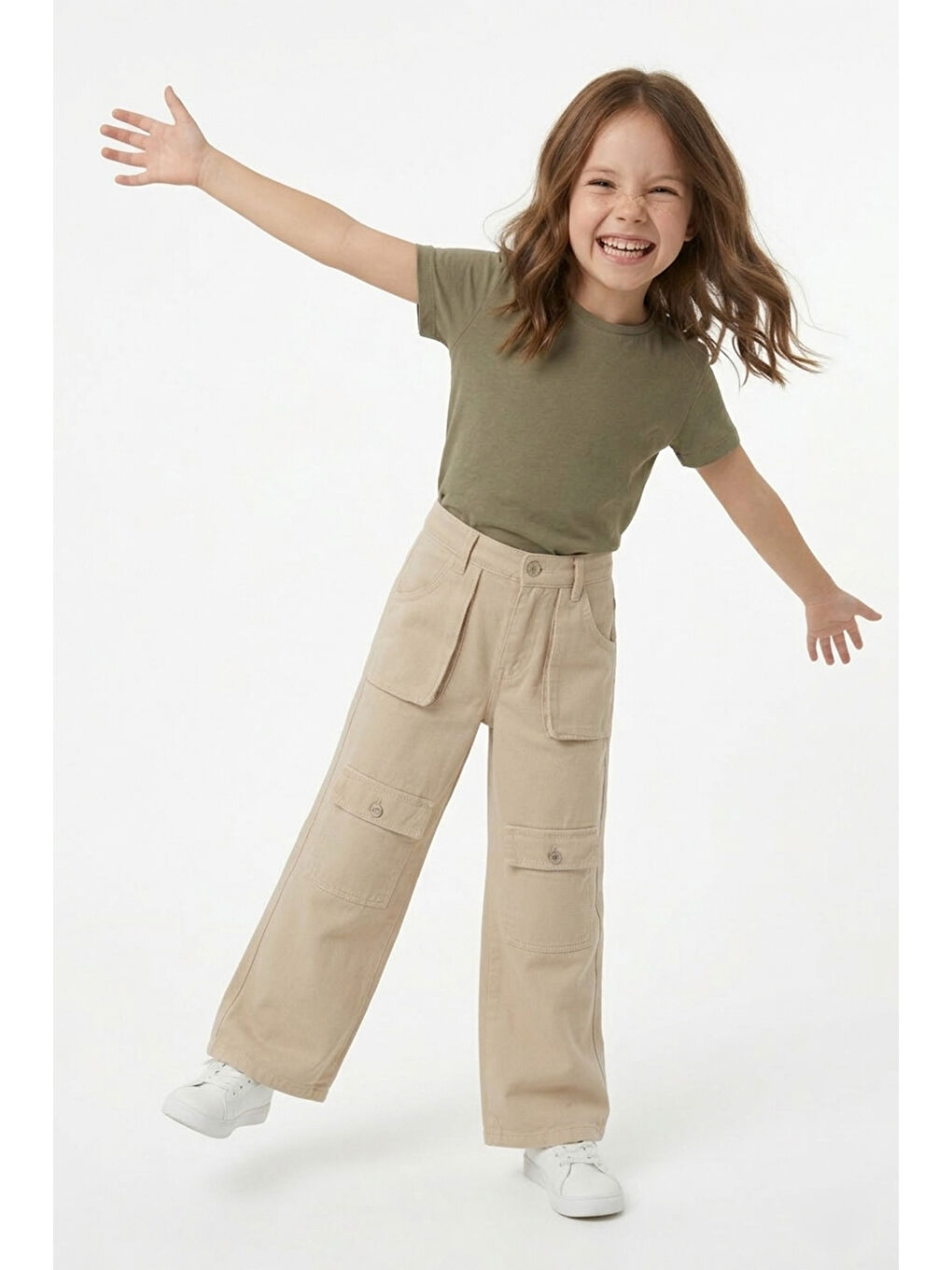 Bej Fermuarlı Kargo Cep Palazzo Kız Çocuk Pantolon