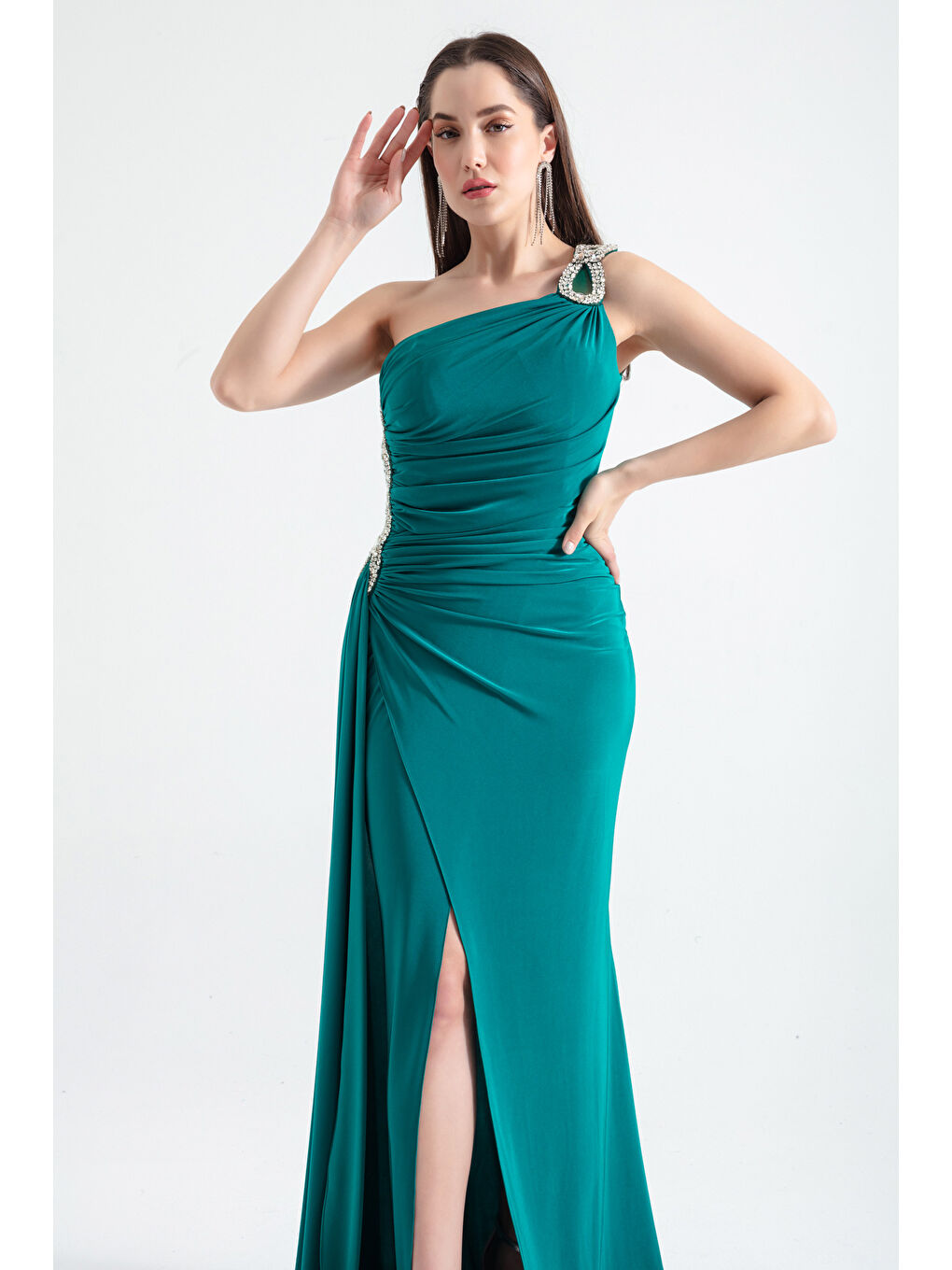 Kadın Yeşil Tek Omuzlu Taşlı Uzun Abiye Elbise-1