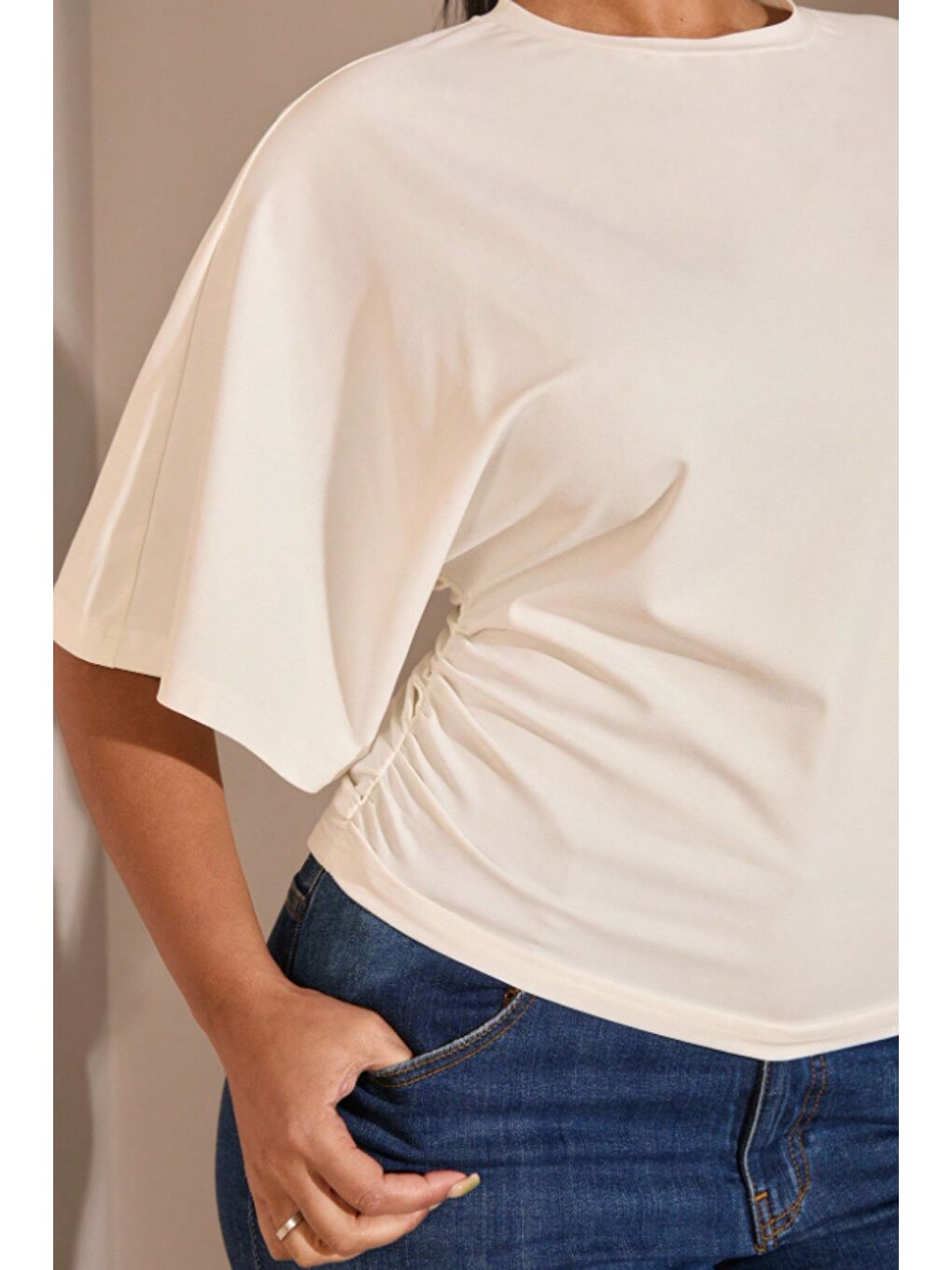 Beyaz Büyük Beden Günlük Düz Renk Büzgülü Bel Geniş Kollu T-Shirt-1