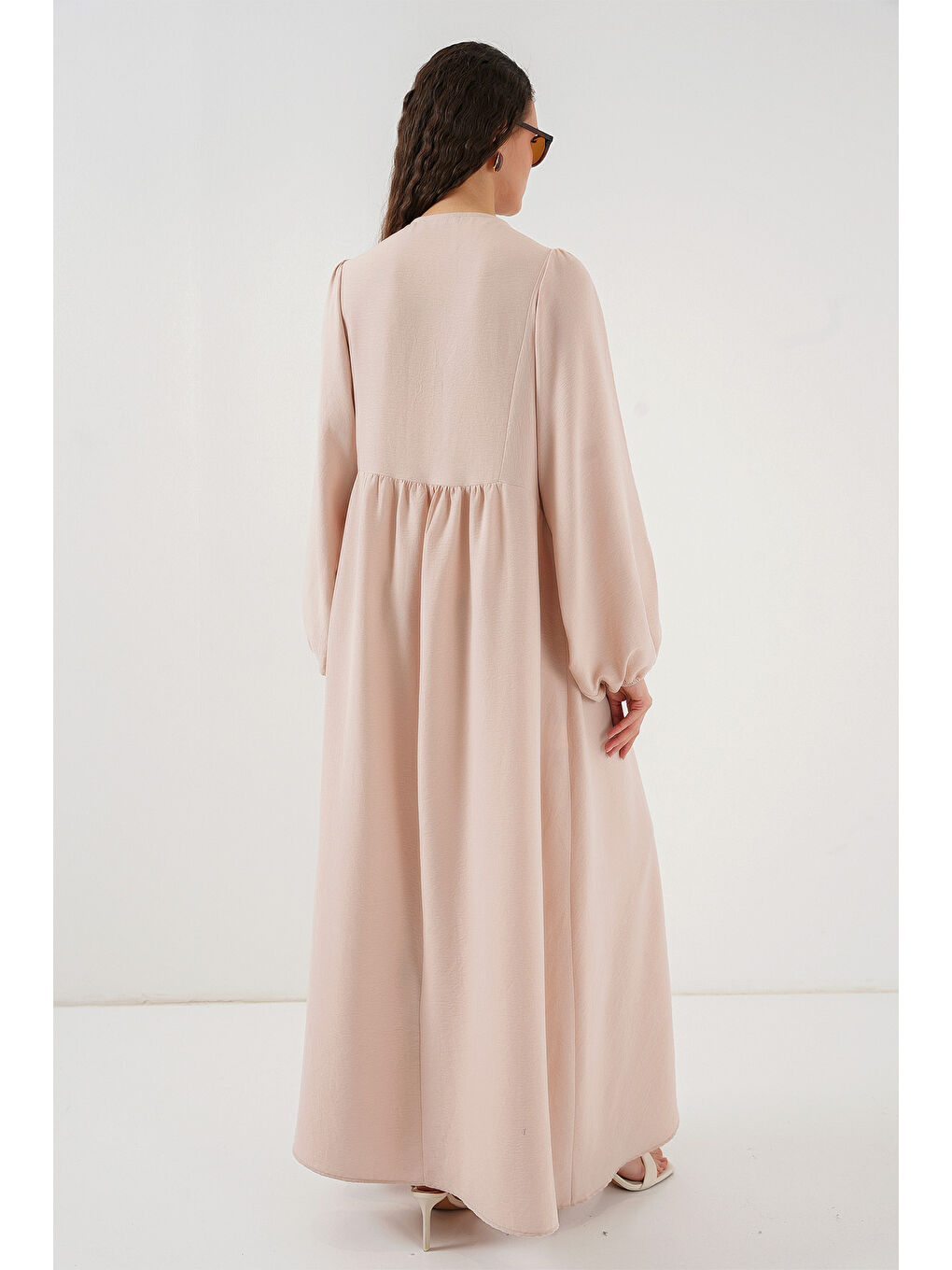 Kadın Balon Kol Uzun Tesettür Elbise 2464 - Bej-5