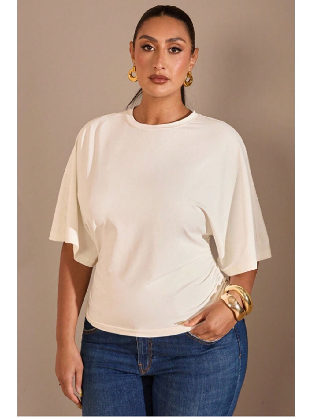 Beyaz Büyük Beden Günlük Düz Renk Büzgülü Bel Geniş Kollu T-Shirt-2