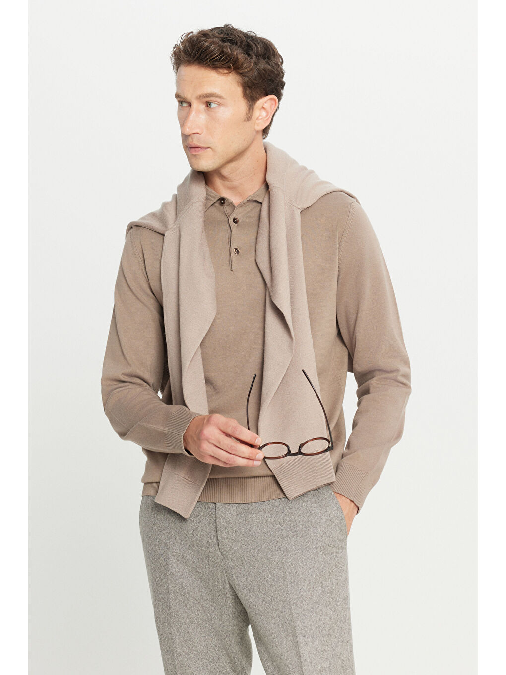 Bej Erkek Vizon Pamuklu Standart Fit Normal Kesim Polo Yaka Triko Kazak-2