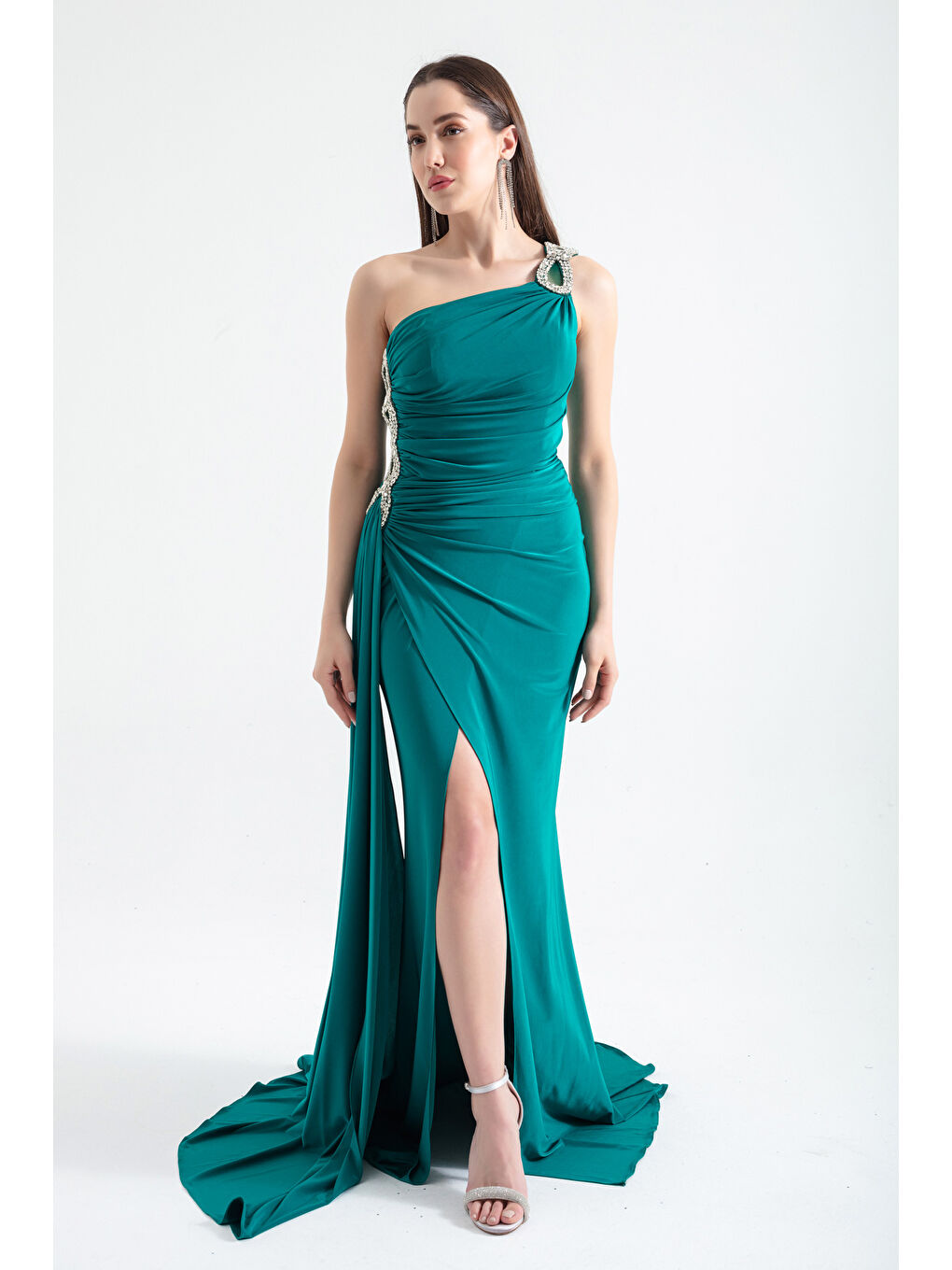 Kadın Yeşil Tek Omuzlu Taşlı Uzun Abiye Elbise-3