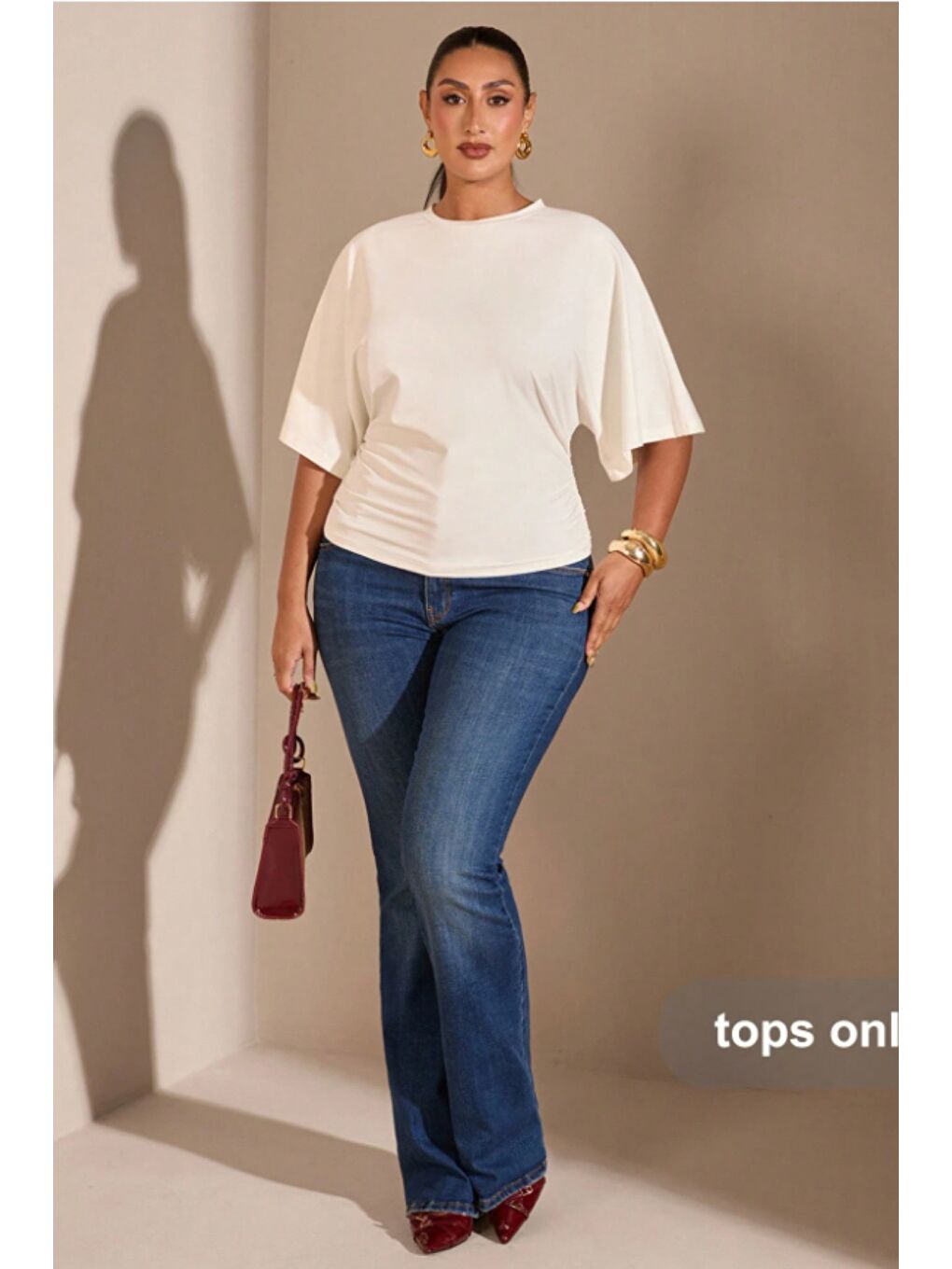 Beyaz Büyük Beden Günlük Düz Renk Büzgülü Bel Geniş Kollu T-Shirt-3