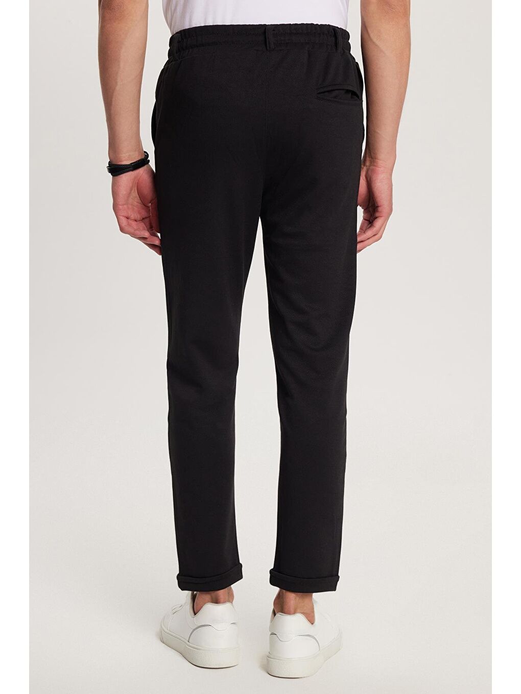 Erkek Slim Fit Pamuklu Beli Bağlamalı Yan Cepli Katlamalı Paça Jogger Siyah Pantolon-4
