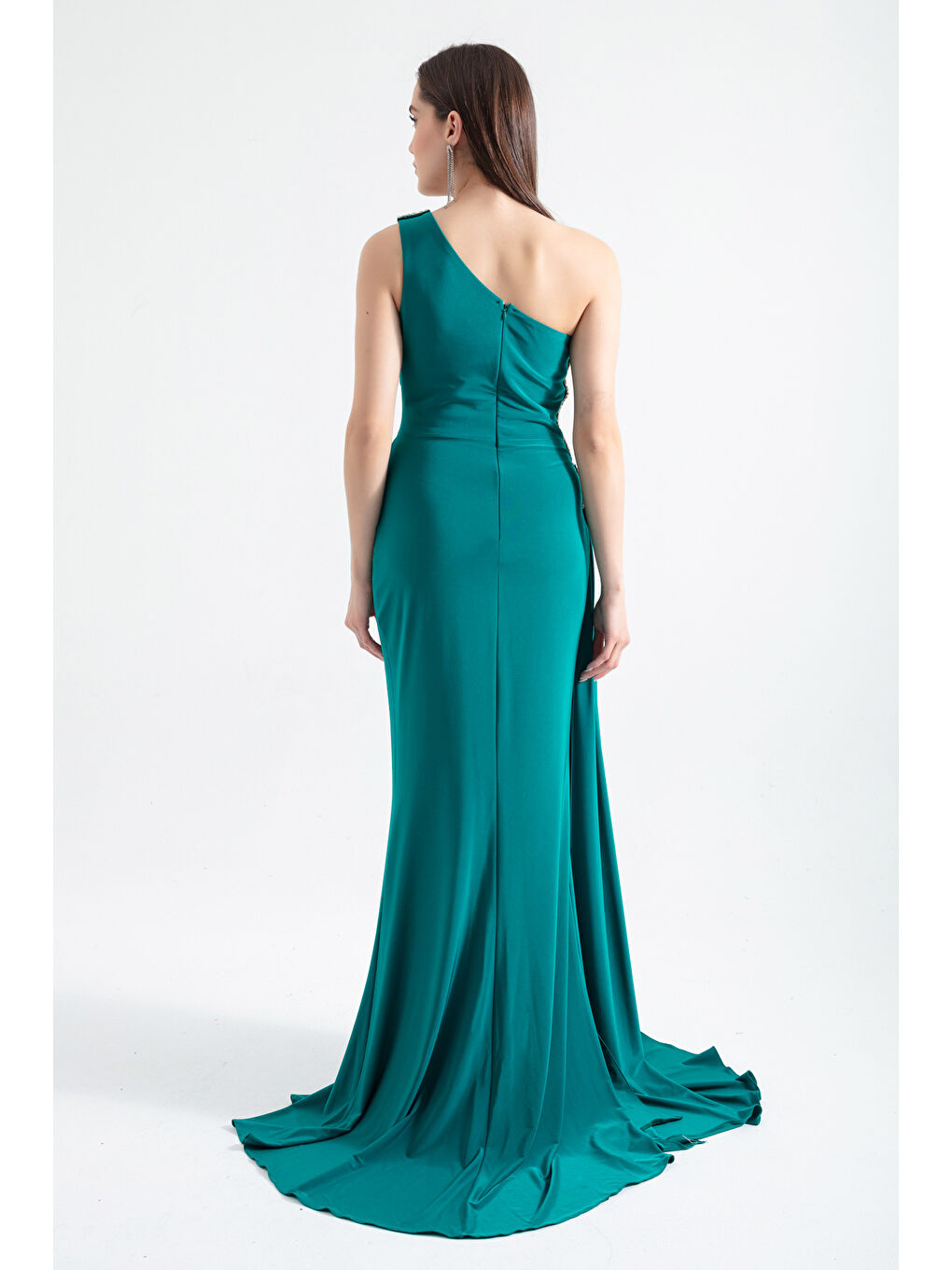 Kadın Yeşil Tek Omuzlu Taşlı Uzun Abiye Elbise-4