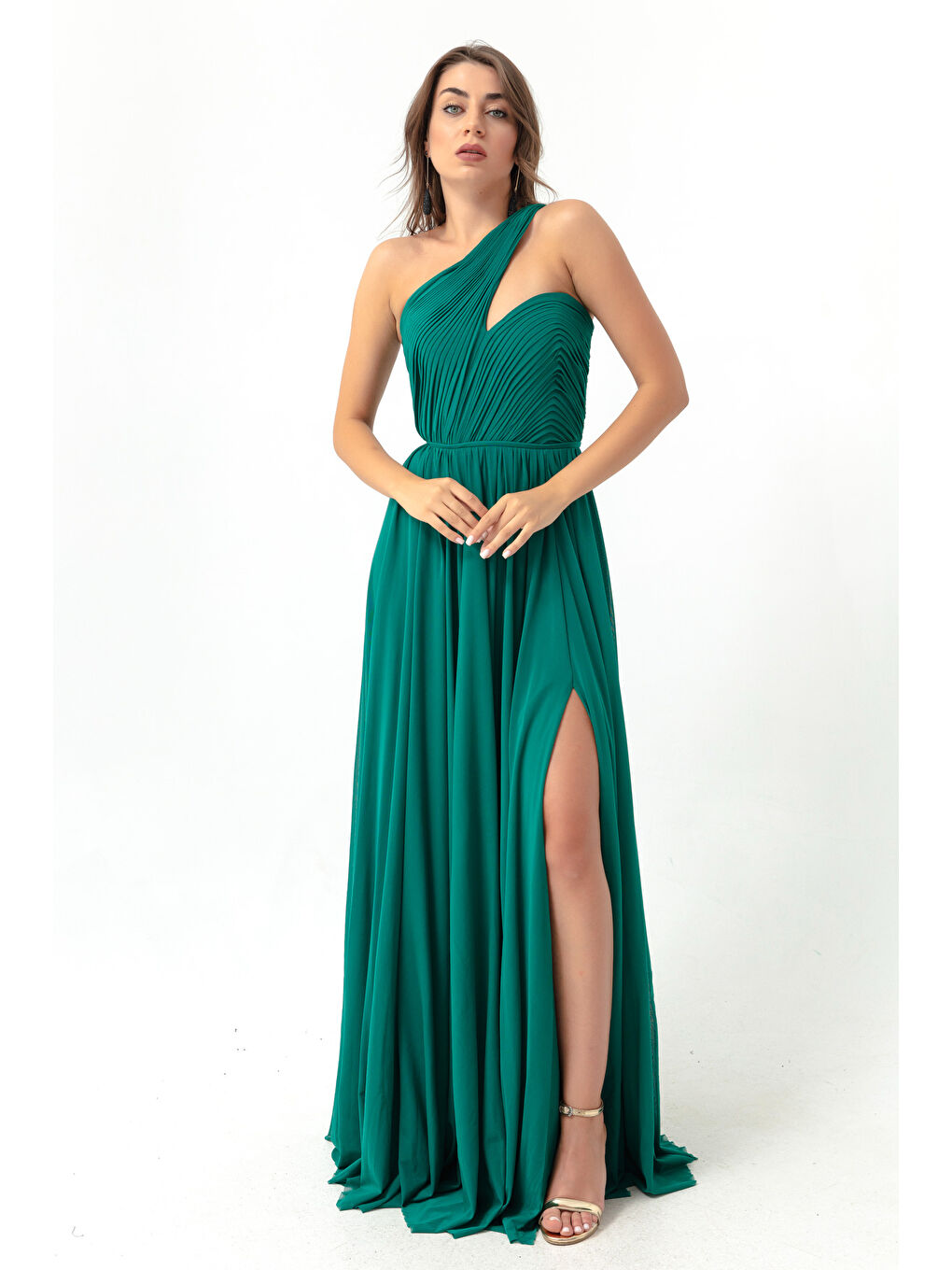 Kadın Zümrüt Yeşili Tek Omuz Yırtmaçlı Uzun Abiye Elbise-1