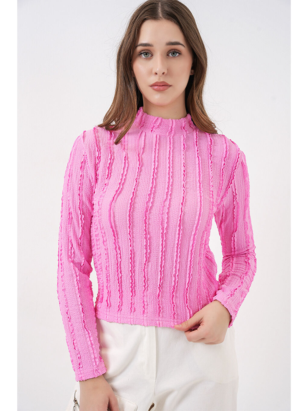 Kadın Dokulu Esnek Örme Bluz 975 - Pembe-3