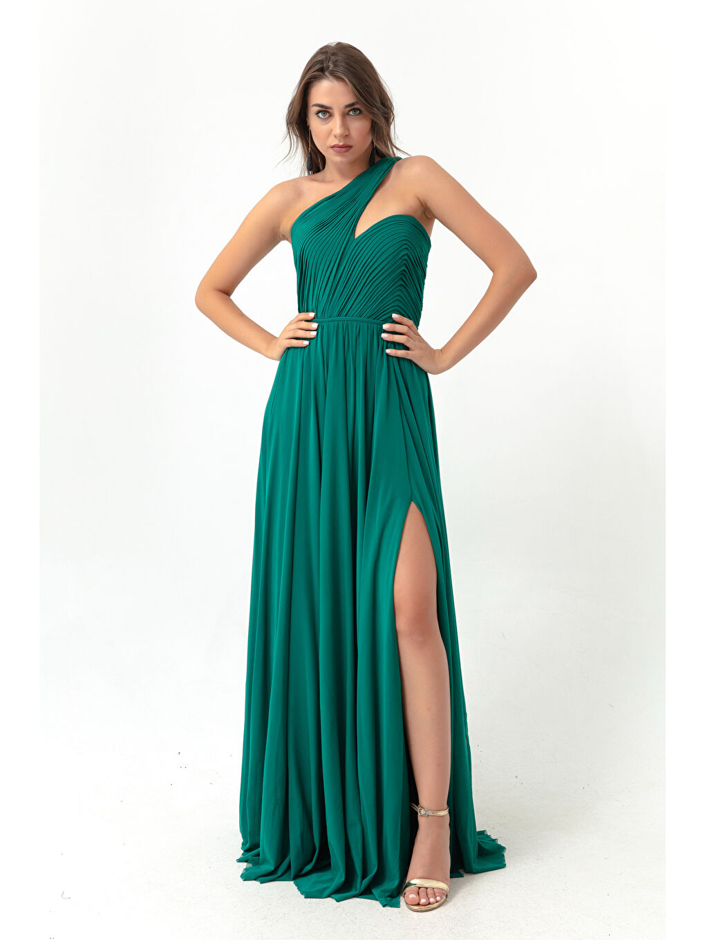 Kadın Zümrüt Yeşili Tek Omuz Yırtmaçlı Uzun Abiye Elbise-2