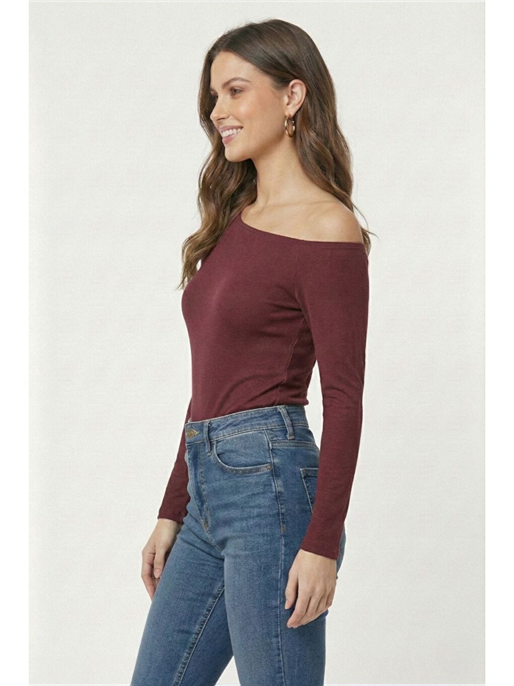 Bordo Premium Soft Seri Vücuda Oturan Kayık Yaka Örme Bluz-2