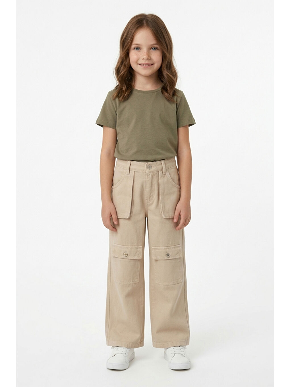 Bej Fermuarlı Kargo Cep Palazzo Kız Çocuk Pantolon-1