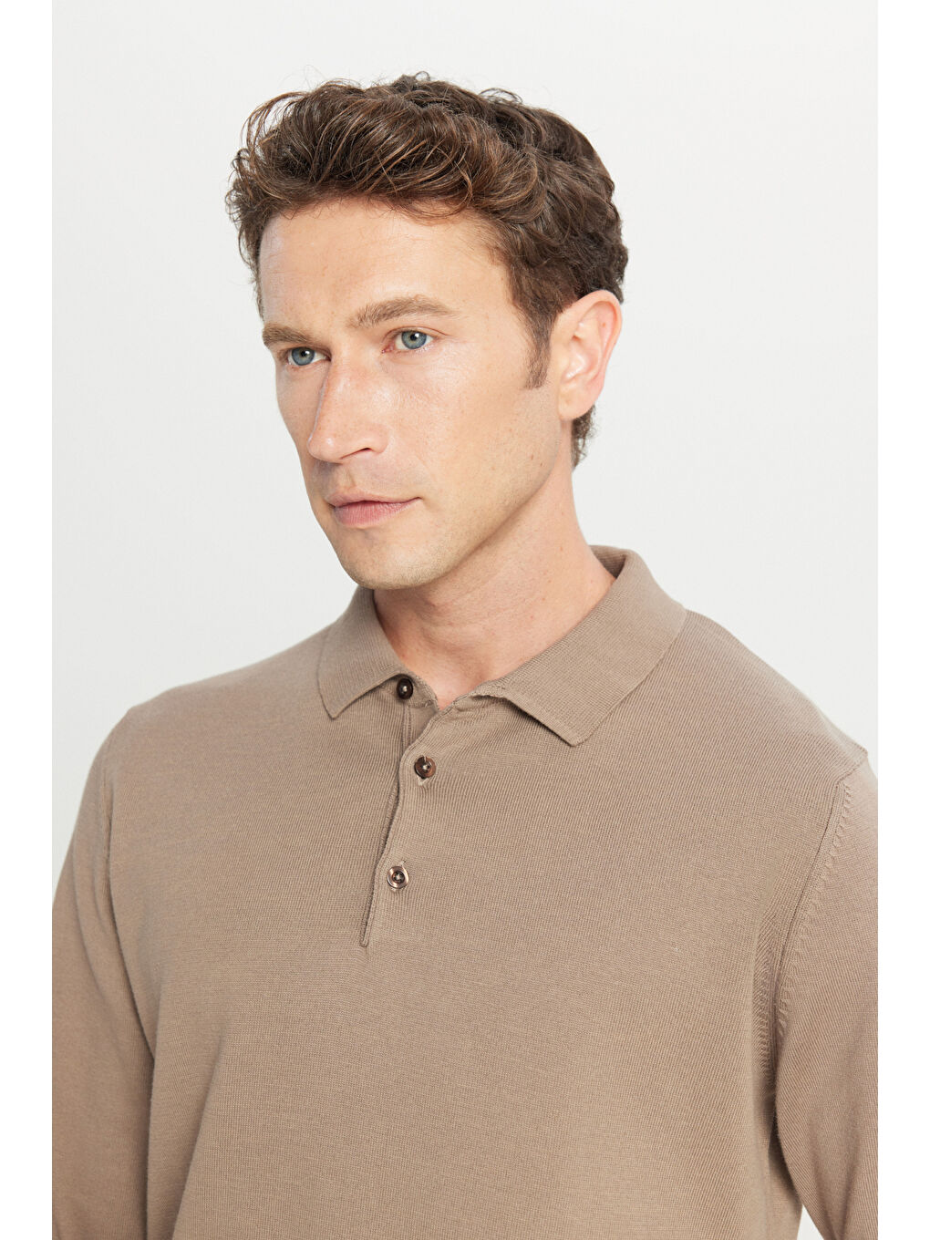 Bej Erkek Vizon Pamuklu Standart Fit Normal Kesim Polo Yaka Triko Kazak-3