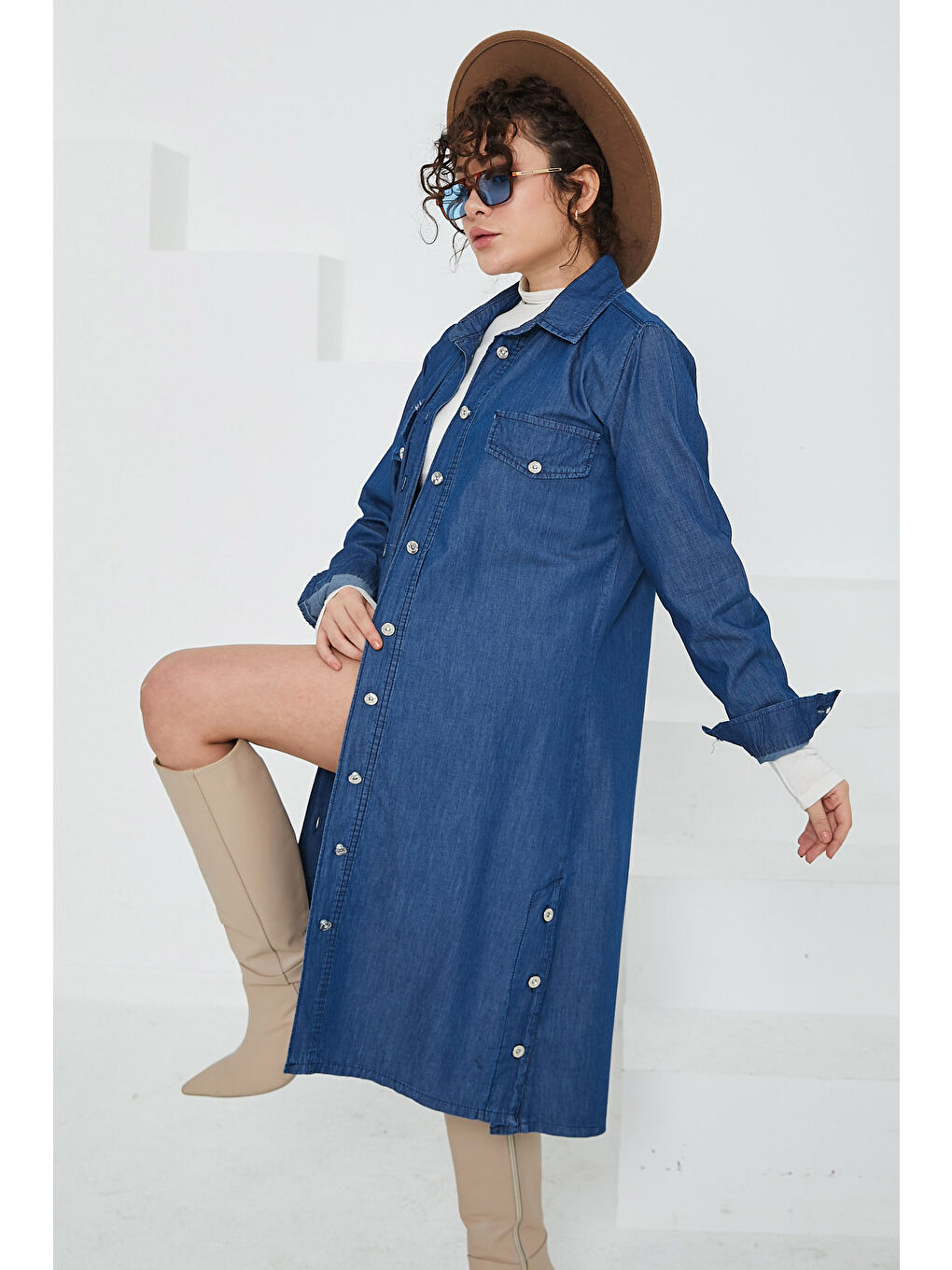 Kadın Cepli Yandan Düğmeli Jean Trenç Kap Koyu Mavi   26658-1