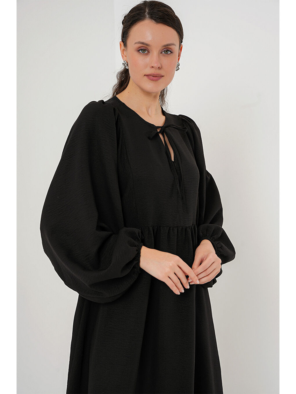 Kadın Balon Kol Uzun Tesettür Elbise 2464 - Siyah-4