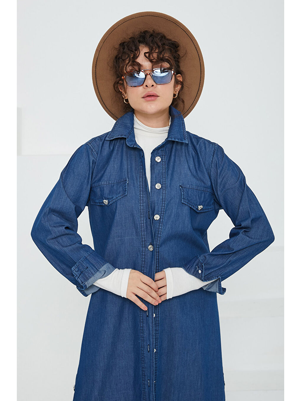 Kadın Cepli Yandan Düğmeli Jean Trenç Kap Koyu Mavi   26658-2