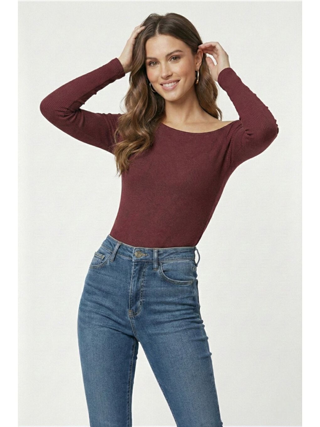 Bordo Premium Soft Seri Vücuda Oturan Kayık Yaka Örme Bluz-3