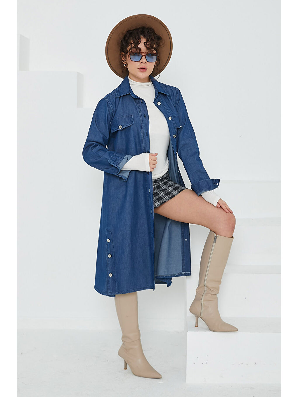 Kadın Cepli Yandan Düğmeli Jean Trenç Kap Koyu Mavi   26658-3