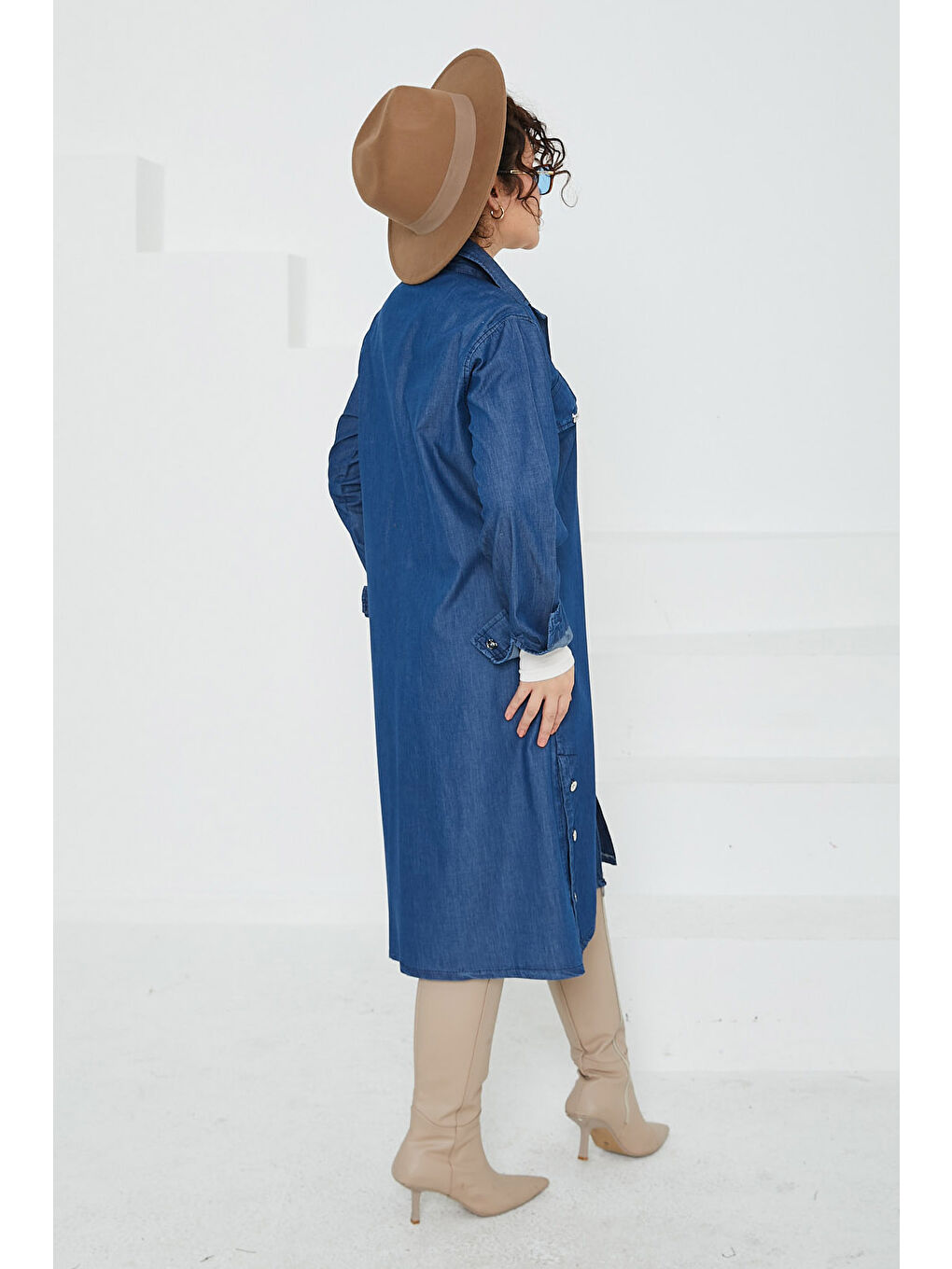 Kadın Cepli Yandan Düğmeli Jean Trenç Kap Koyu Mavi   26658-4