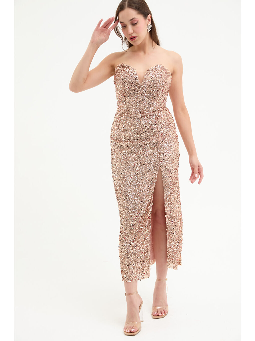 Sarı Kadın Gold Straplez Yaka Pul Payet Midi Abiye Elbise-1