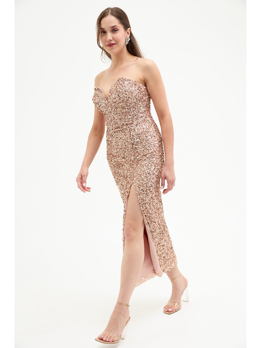 Sarı Kadın Gold Straplez Yaka Pul Payet Midi Abiye Elbise-2