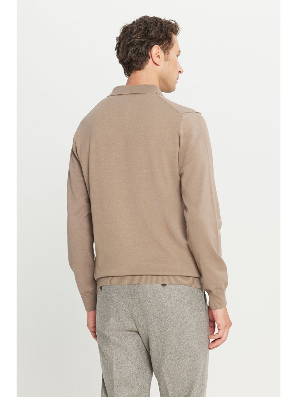 Bej Erkek Vizon Pamuklu Standart Fit Normal Kesim Polo Yaka Triko Kazak-4